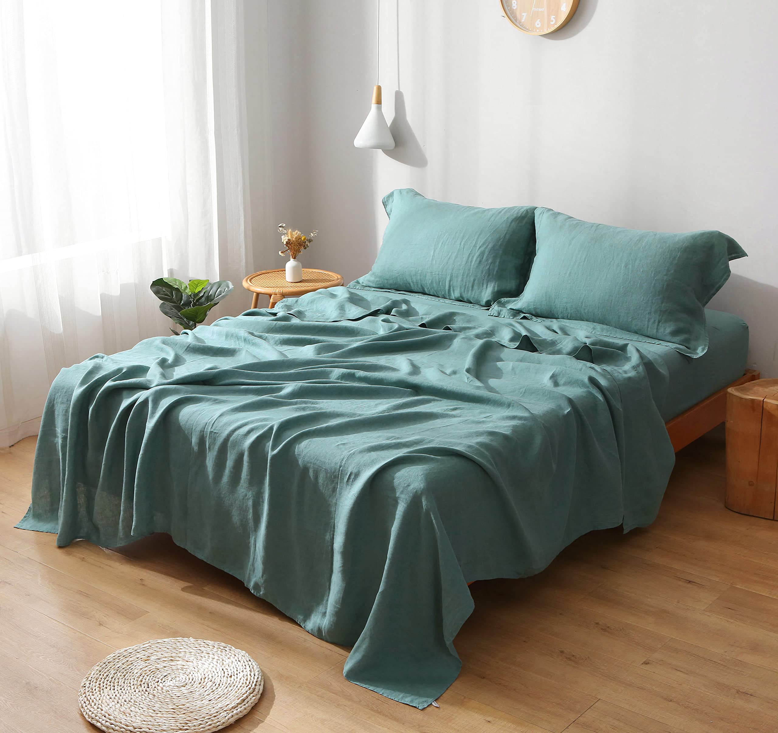 100% French Natural Linen Bedding Set - Stone Washed 4-Piece Sheet Set with Flange Pillowcases | Breathable, Durable & Hypoallergenic | Perfect for Master Bedroom, Guest Room & Vacation Homes (Full/Queen Size, Light Seagreen)