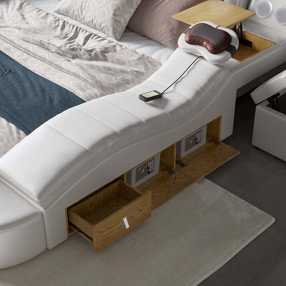 King Size White Smart Bed with Massage & Bluetooth Speaker - Faux Leather Upholstered Adjustable Bed for Ultimate Relaxation | Perfect for Bedroom, Home Theater & Luxury Living Spaces