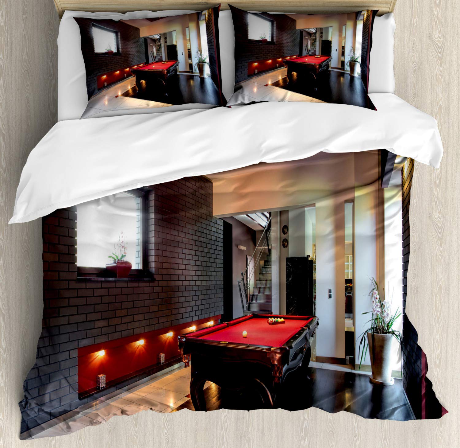 Ambesonne Modern Duvet Cover Set - Snooker Table & Pool Game Print 3-Piece Bedding Set with 2 Pillow Shams, California King Size, Red Brown White - Perfect for Game Rooms, Man Caves & Leisure Themed Bedrooms