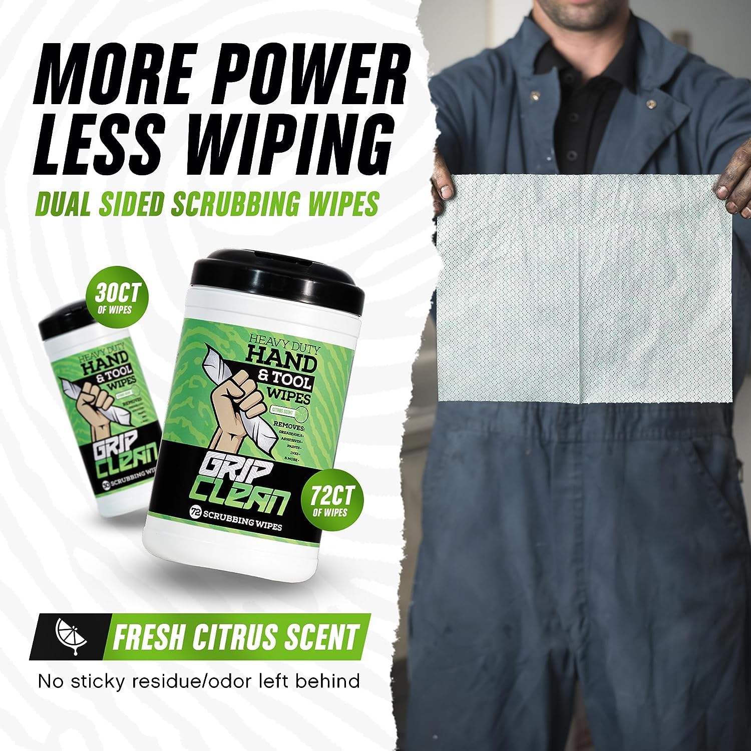 Grip Clean Heavy-Duty Cleaning Wipes for Mechanics - Citrus Scented Waterless Hand Cleaner for Grease, Oil & Dirt | Multi-Purpose Tool & Surface Wipes (432 Count) | Ideal for Auto Repair, Construction & DIY Projects