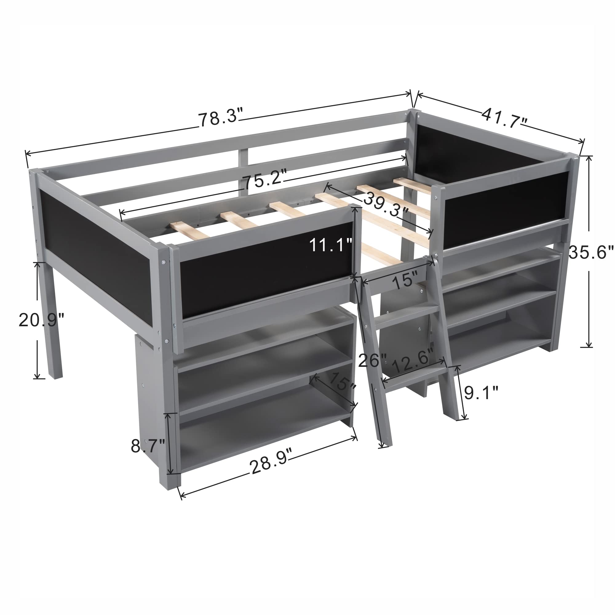 **Kids Twin Loft Bed with Ladder & Movable Shelves - Wooden Low Bunk Bed for Toddlers, Safety Guardrail & Chalkboard (Gray) - Perfect for Small Rooms & Shared Spaces**    *优化说明：*   - 核心关键词前置（Kids Twin Loft Bed）   - 突出材质（Wooden）、安全设计（Safety Guardrail）和功能（Chalkboard）   - 补充使用场景（Small Rooms & Shared Spaces）提升购买动机   - 结构清晰，符合SEO长度要求（约70字符）