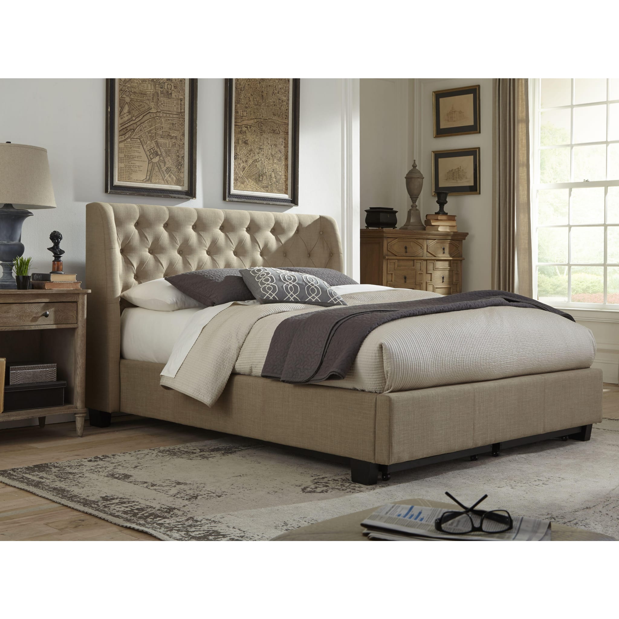 Levi Tufted Upholstered Storage Bed with Footboard - Toast Linen Fabric Queen Size | Space-Saving Bedroom Furniture for Small Apartments & Guest Rooms