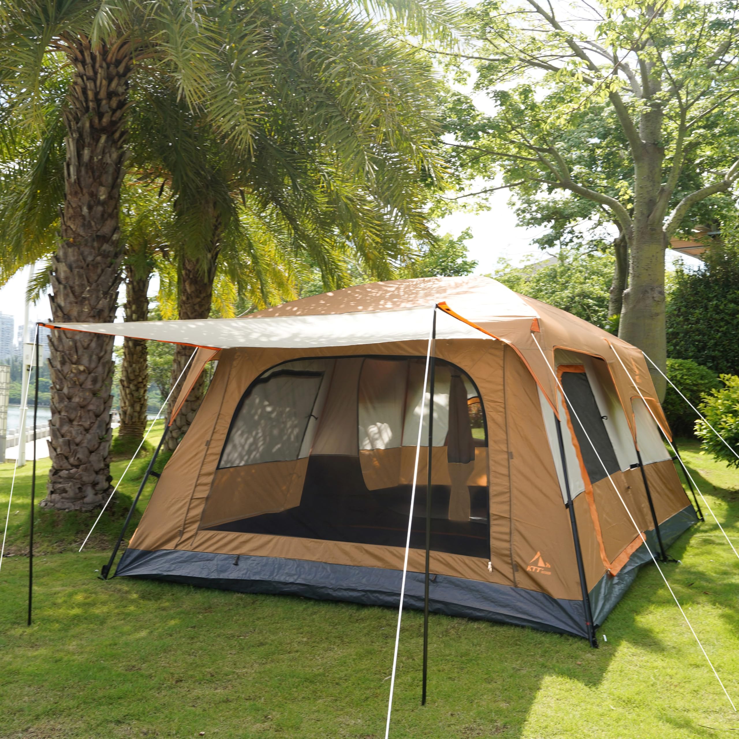 KTT Extra Large Family Cabin Tent for 10-14 People - 2 Rooms, 3 Doors & 3 Windows with Mesh, Waterproof Double Layer Straight Wall Design - Perfect for Camping, Picnics, Outdoor Adventures & Family Gatherings