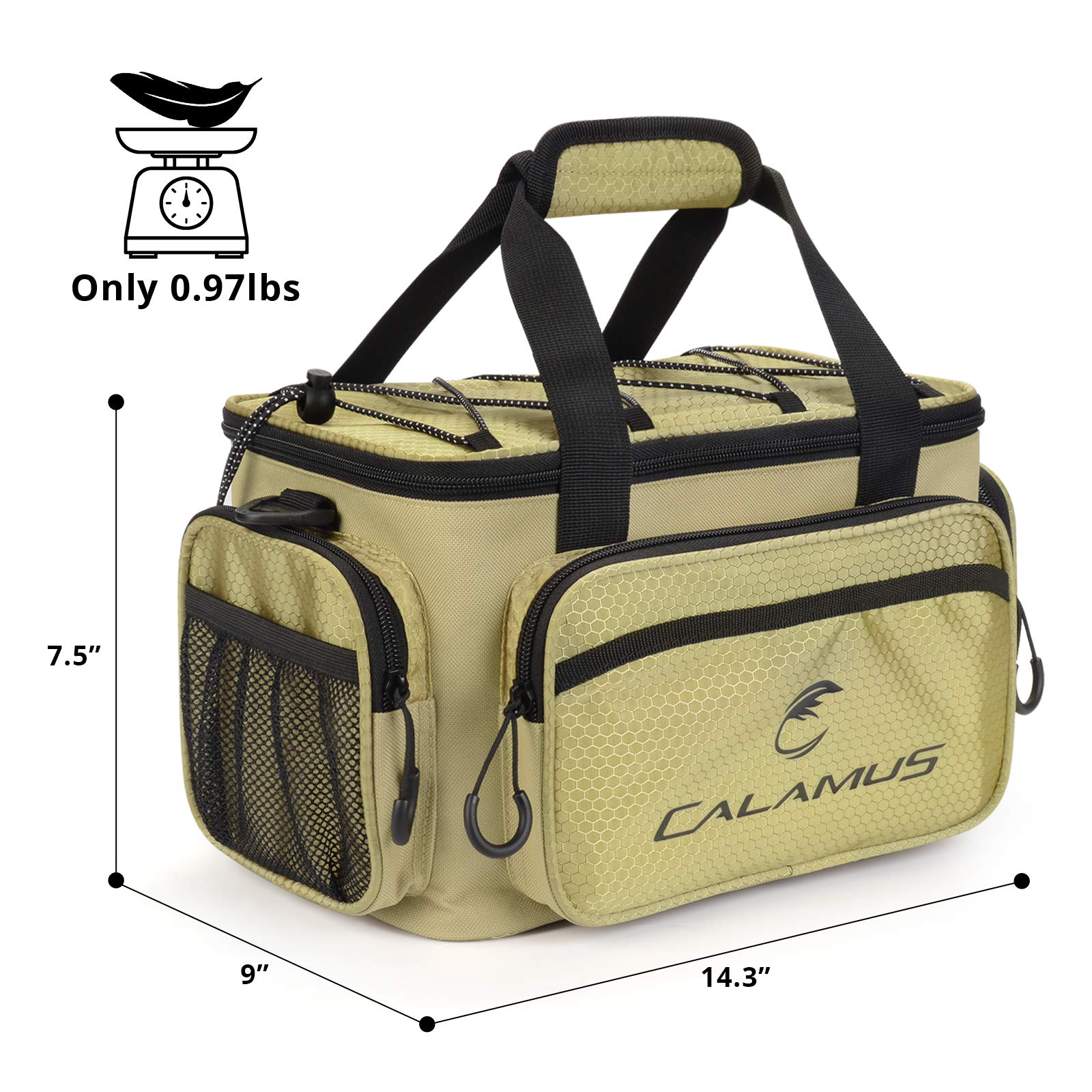 **Calamus Fishing Tackle Bag - Durable Rip-Stop PE Saltwater & Freshwater Fishing Gear - Padded Shoulder Strap & Pliers Storage - Khaki - Perfect for Shore, Boat, and Kayak Fishing**