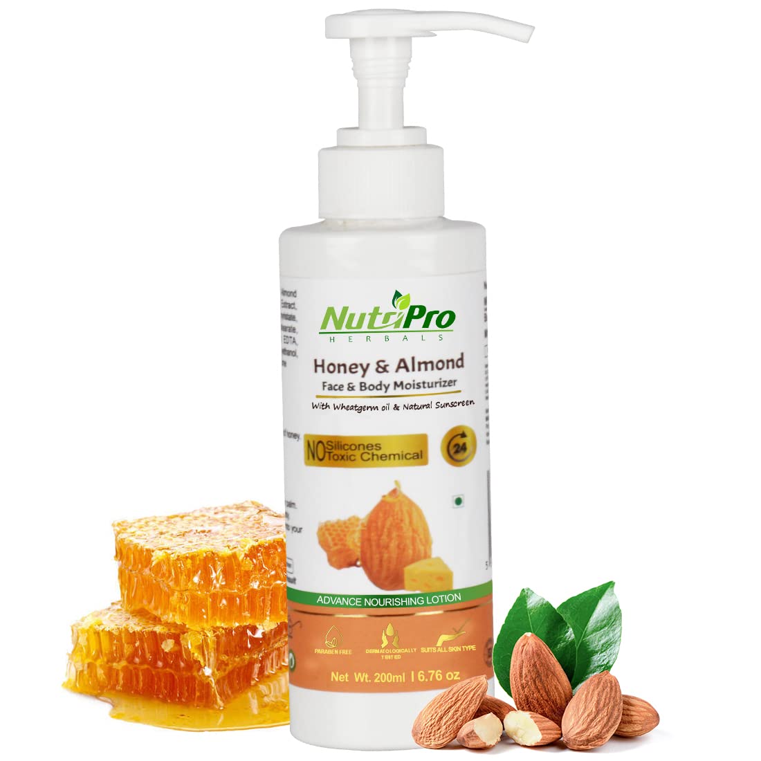 NutriPro Honey & Almond Face & Body Moisturizer with Wheat Germ Oil | Non-Sticky Hydrating Lotion for Women & Men | Paraben & Silicone Free | Deep Nourishing for Dry Skin | Perfect for Daily Use, After Shower & Night Routine (200ml)