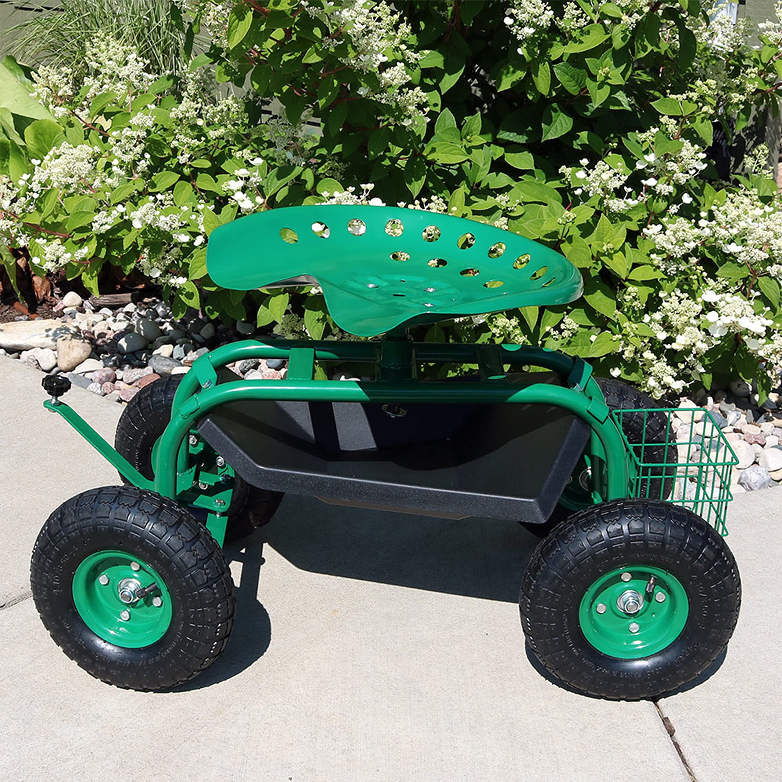 Sunnydaze Rolling Gardening Cart with Adjustable 360-Degree Swivel Seat - Utility Tool Tray & Storage Basket - Green Outdoor Garden Cart for Planting, Weeding & Yard Work