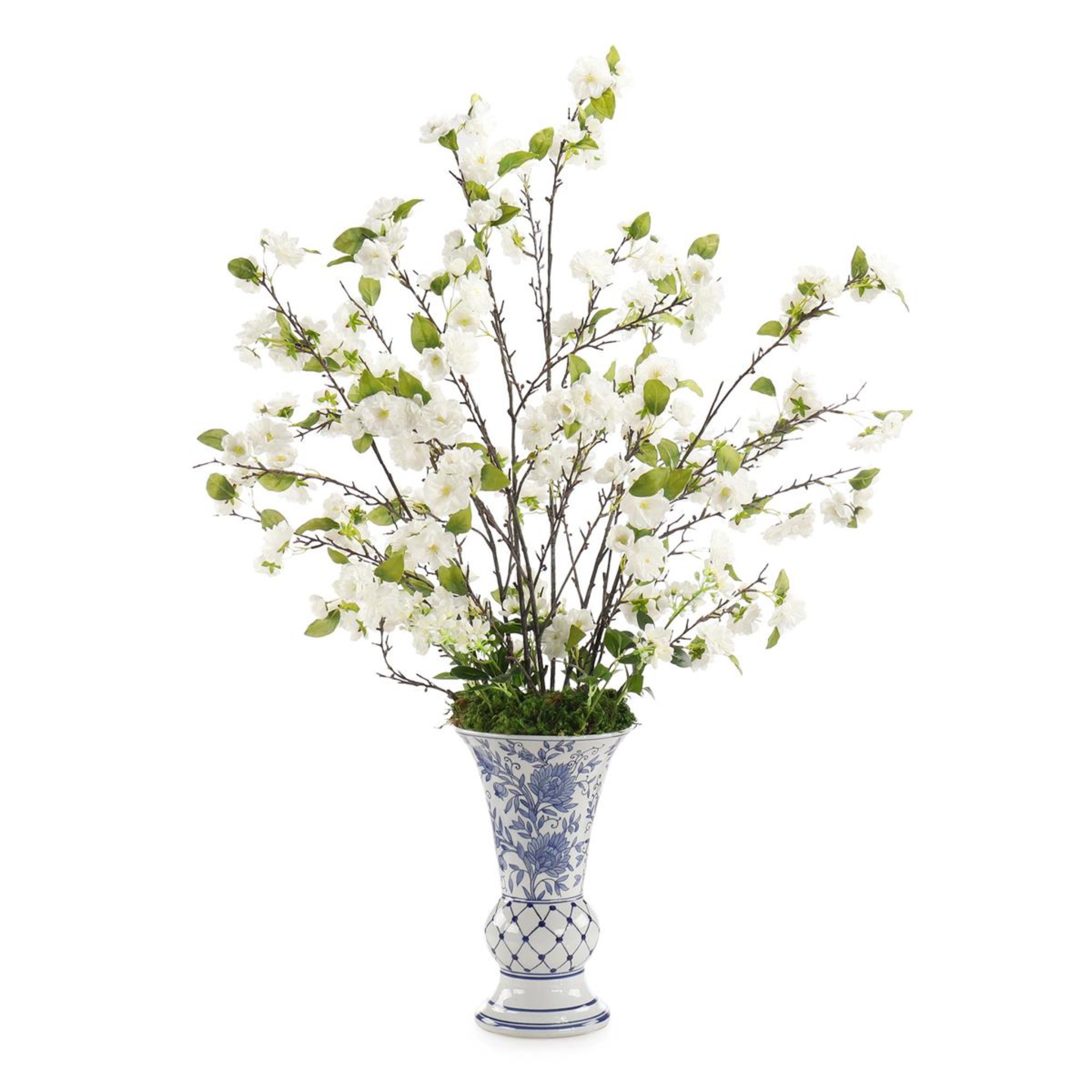 Blue Chinoiserie Vase with Faux Cherry Blossoms - Elegant Home Decor for Living Room, Bedroom & Office Centerpiece