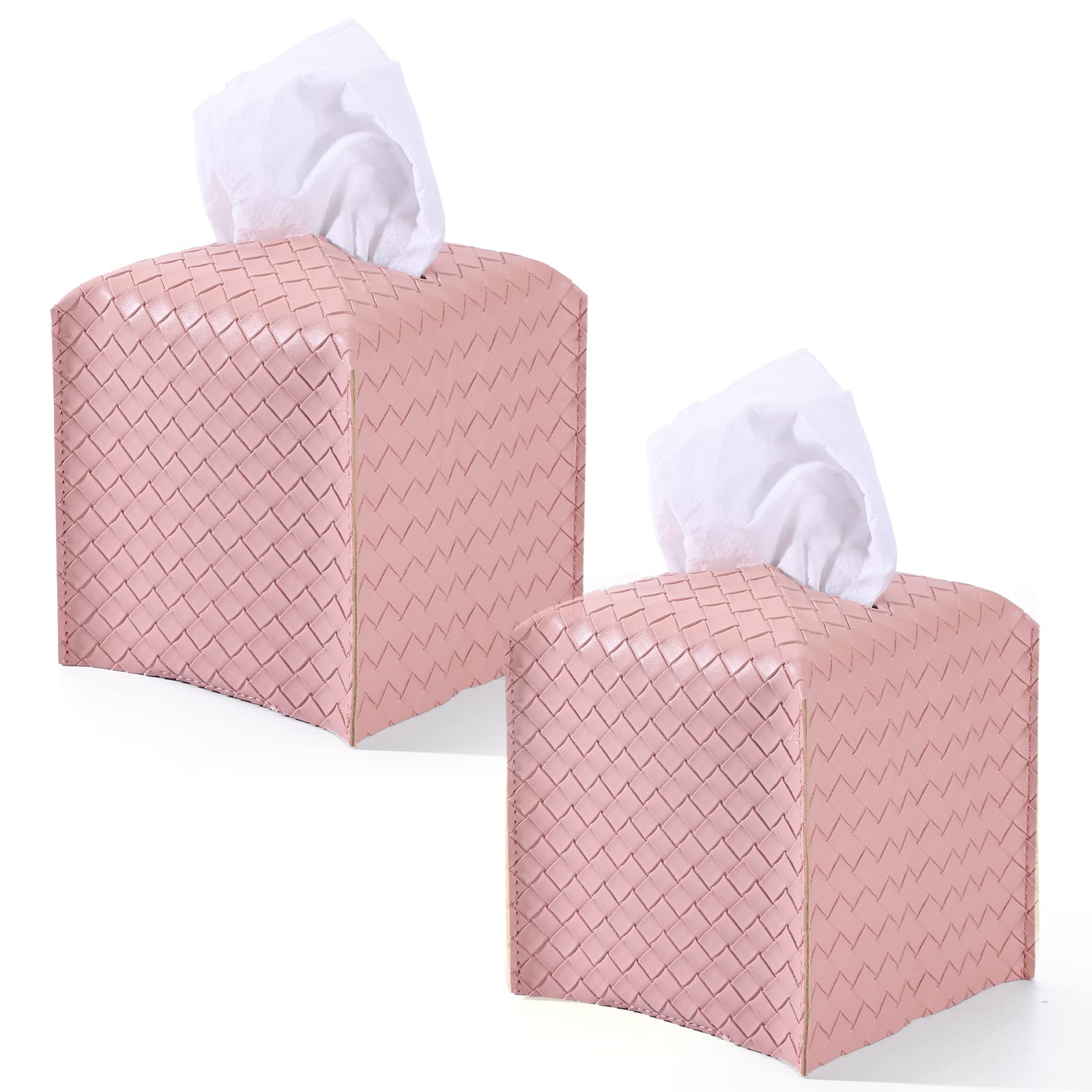 LURRIER 2-Pack Modern Woven PU Leather Square Tissue Box Cover - Decorative Tissue Holder for Bathroom, Vanity, Nightstand, Office & Car (5