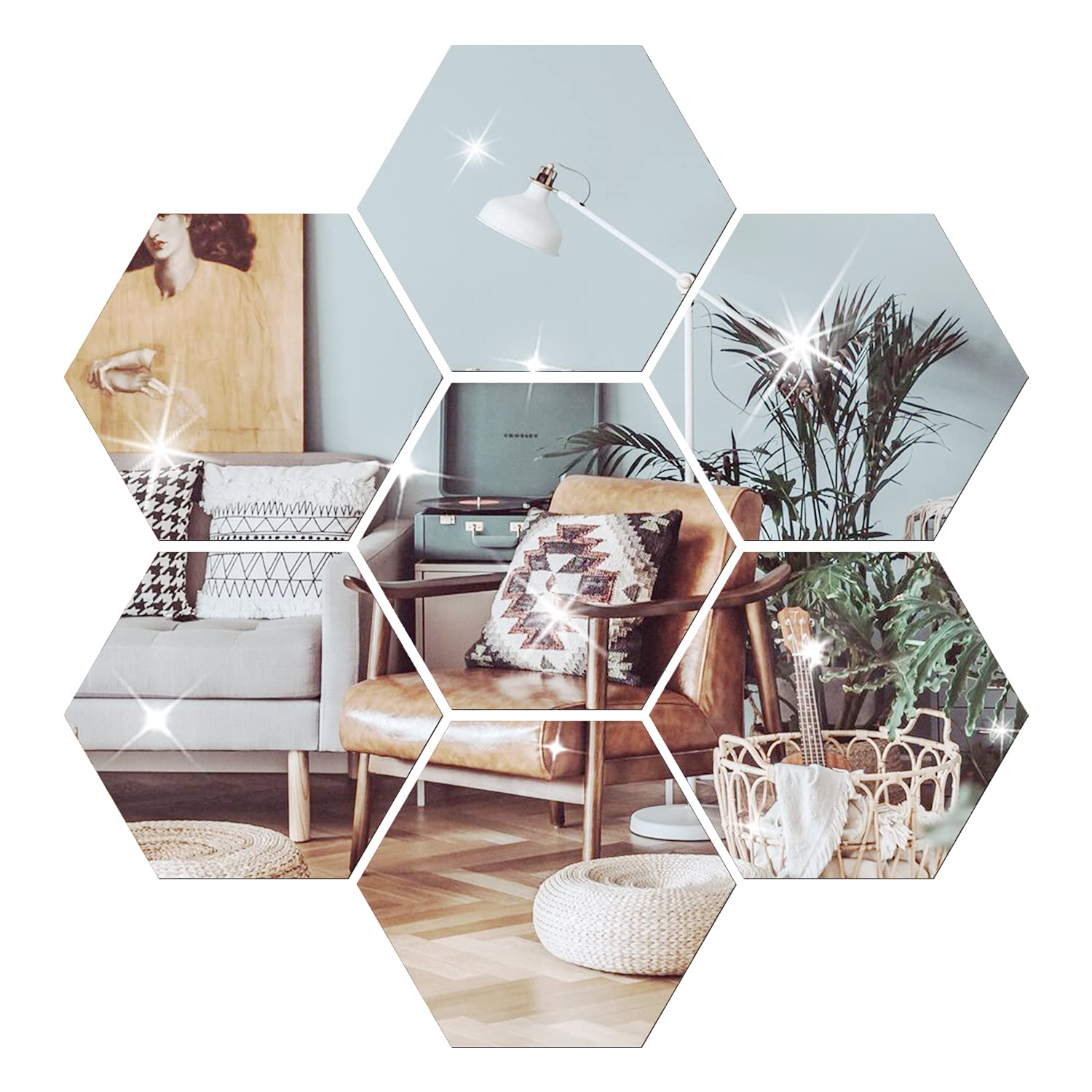 NAILDOKI 12-Piece Hexagon Acrylic Mirror Wall Stickers Set - DIY Peel & Stick Wall Decals for Home Decor (Silver) | Perfect for Living Room, Bedroom, Dorm & Office Wall Decorations