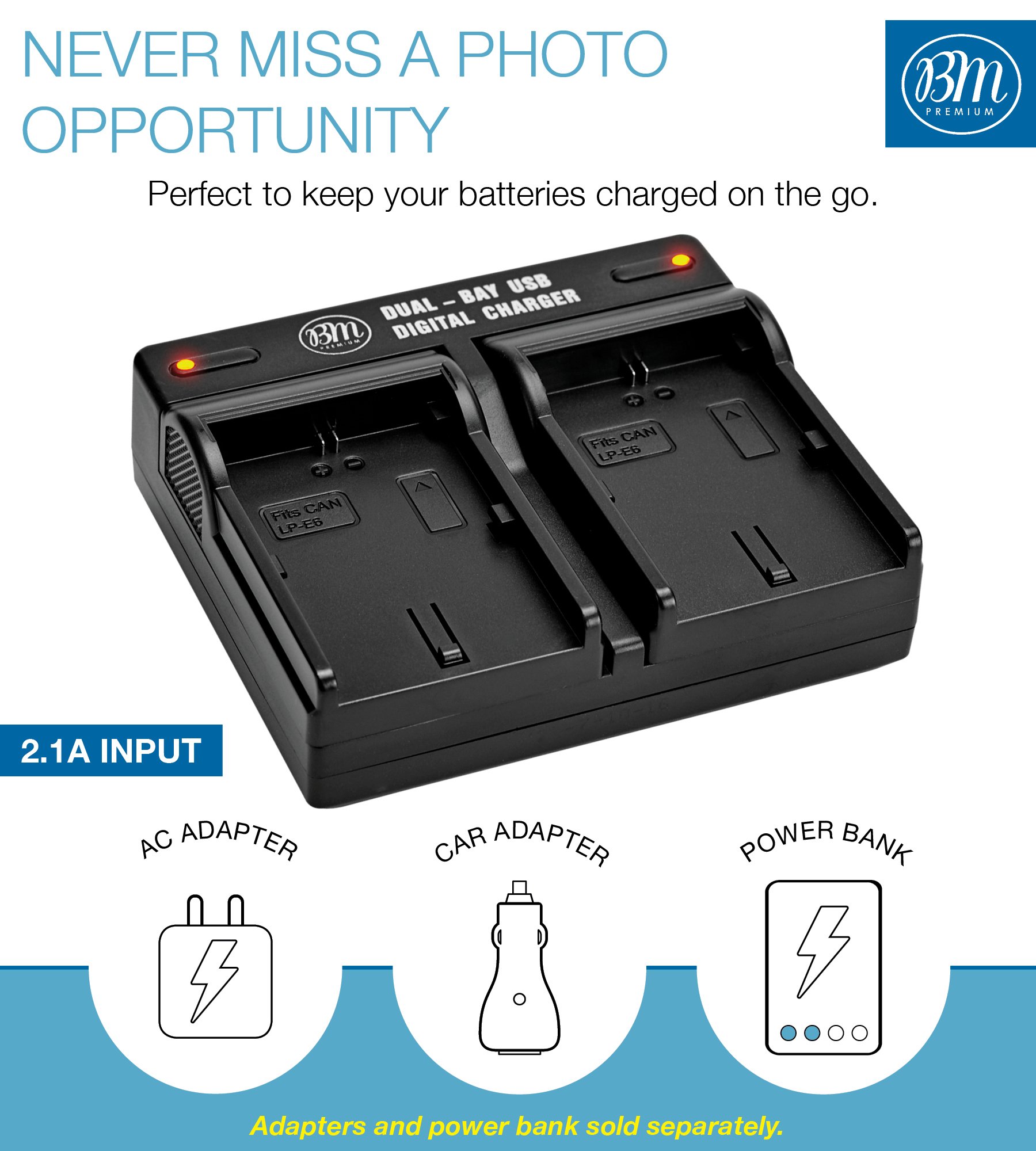BM LP-E6 & LP-E6N Dual Bay Battery Charger for Canon EOS R, 90D, 60D, 70D, 80D, 5D II/III/IV, 5Ds, 6D/6D II, 7D/7D II, C700, XC10, XC15 - Fast Charging for Photography & Videography