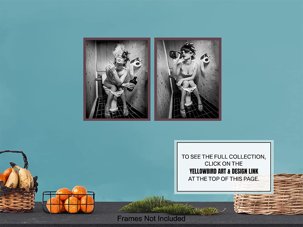 Funny Bathroom Wall Art Decor - Unique 8x10 Woman Smoking & Alcohol Themed Print - Perfect for Powder Room, Guest Bathroom or Bar Wall Decor - Great Conversation Starter for Home & Office Restrooms