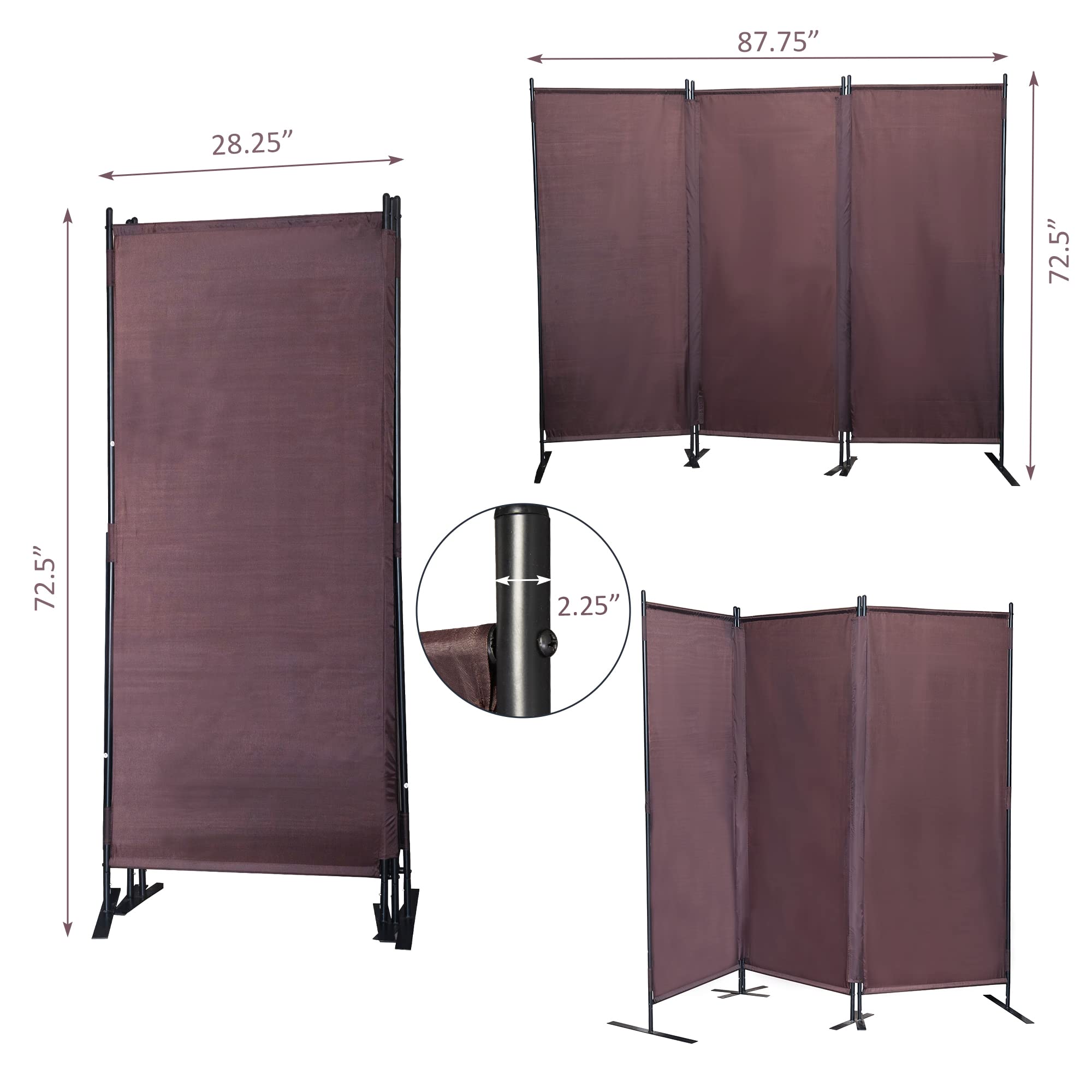 3 Panel Room Divider Screen - Folding Privacy Partition for Home & Office with Oxford Fabric & Iron Metal Frame (Red Brown) - Perfect for Creating Private Spaces in Living Rooms, Bedrooms, or Workspaces