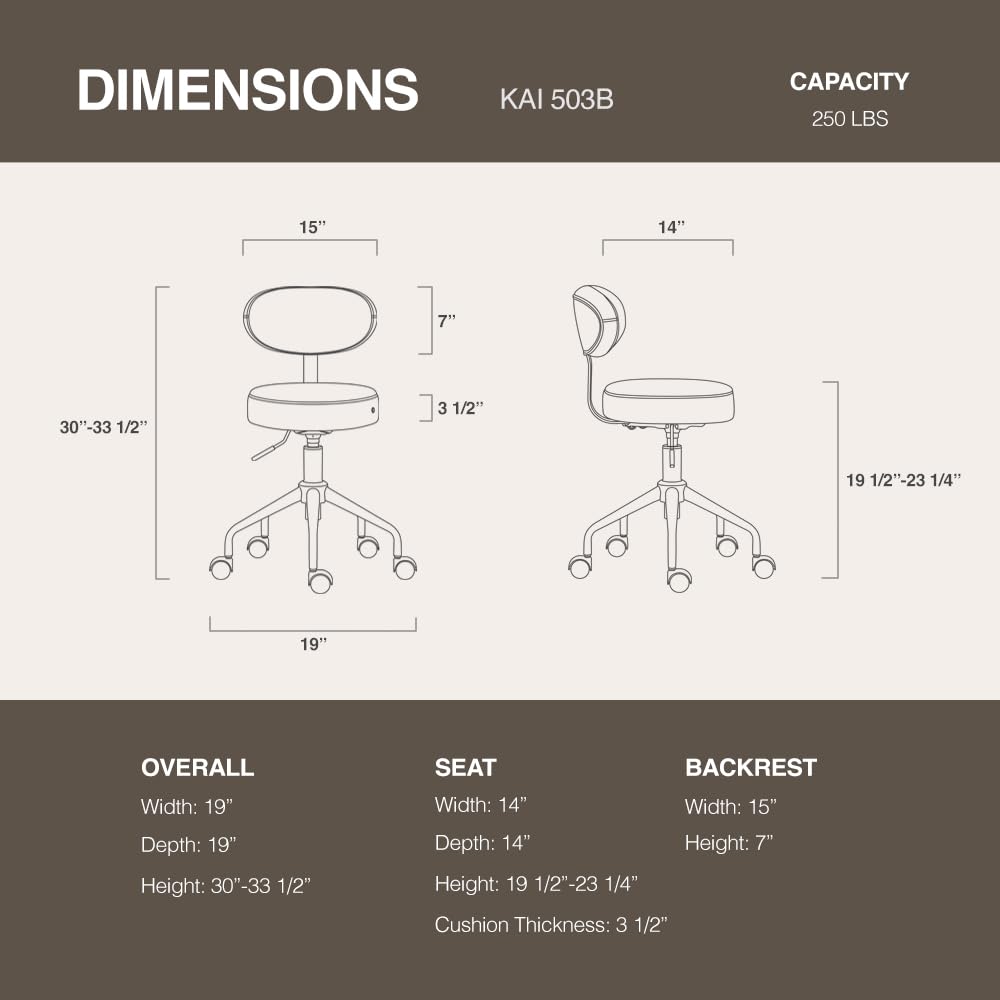 Ergonomic Pneumatic Swivel Rolling Stool with Adjustable Height & Lumbar Support Backrest - Cream (Model 503 Kai) - Perfect for Salon, Tattoo Studio, Medical Office & Home Workspace