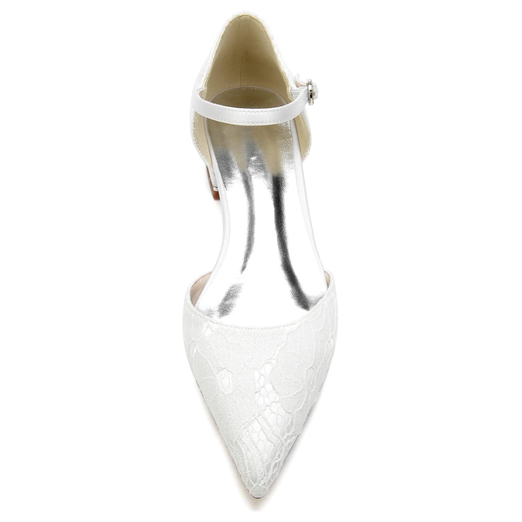 Elegant 2.5cm Women's Pointed Toe Satin Lace Ballet Flats with Ankle Strap Buckle - Comfortable Dressy Flats for Evening, Bridal, Party & Casual Wear - White Size 9.5 US - Perfect for Weddings, Proms, Dances & Office Outfits
