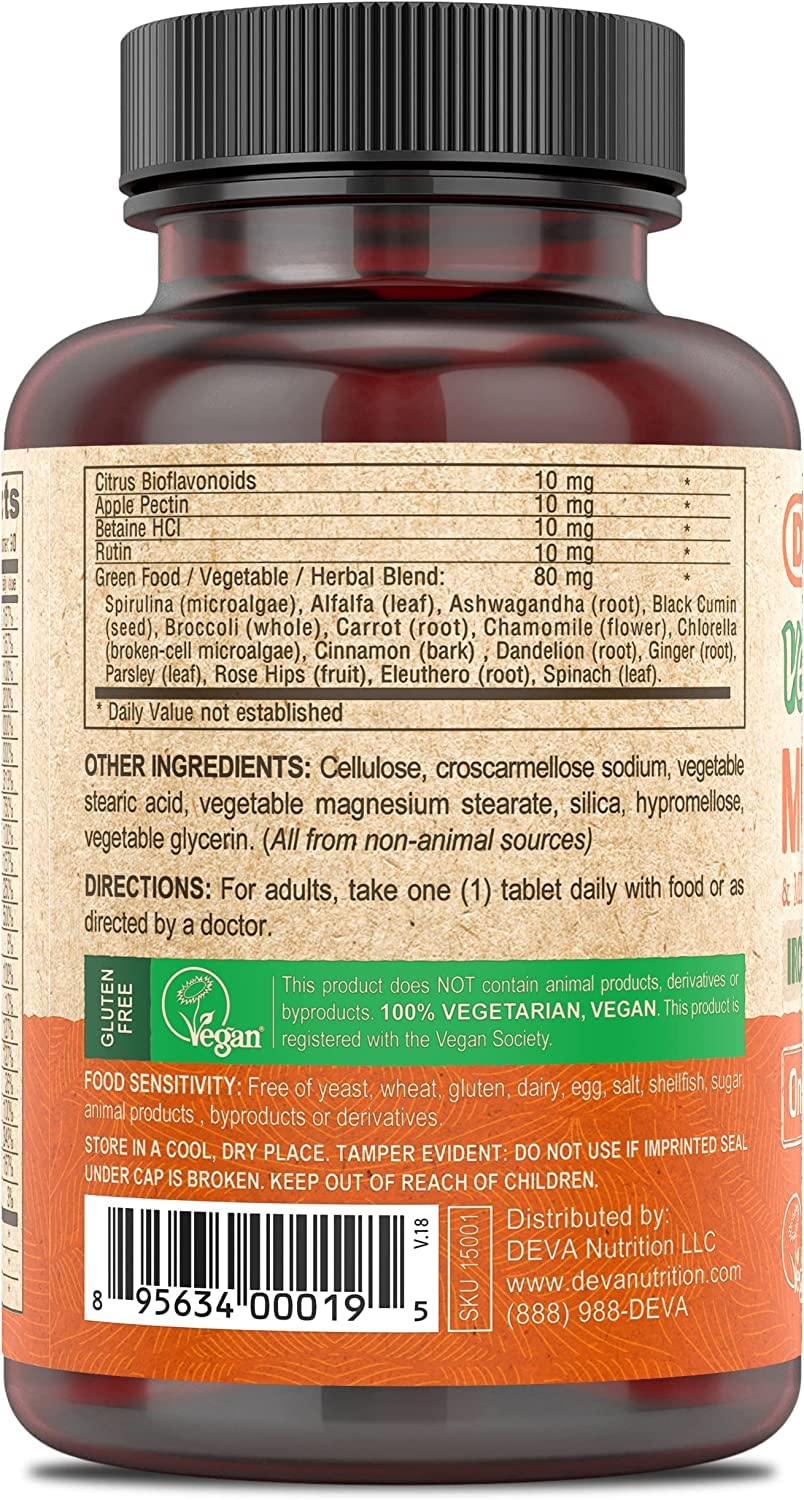 Deva Vegan Multivitamin & Mineral Supplement - Iron Free Formula - 90 Tablets for Women & Men - Plant-Based Nutrition for Daily Wellness & Energy Boost