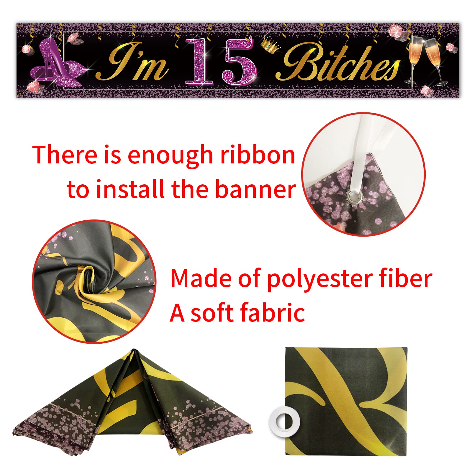 Funny 15th Birthday Banner - Large Purple & Gold 'I'm 15 Bitches' Party Sign for Girls | Sweet Sixteen Yard Decorations | Perfect for Birthday Parties, Backyard Celebrations & Teenage Milestone Events