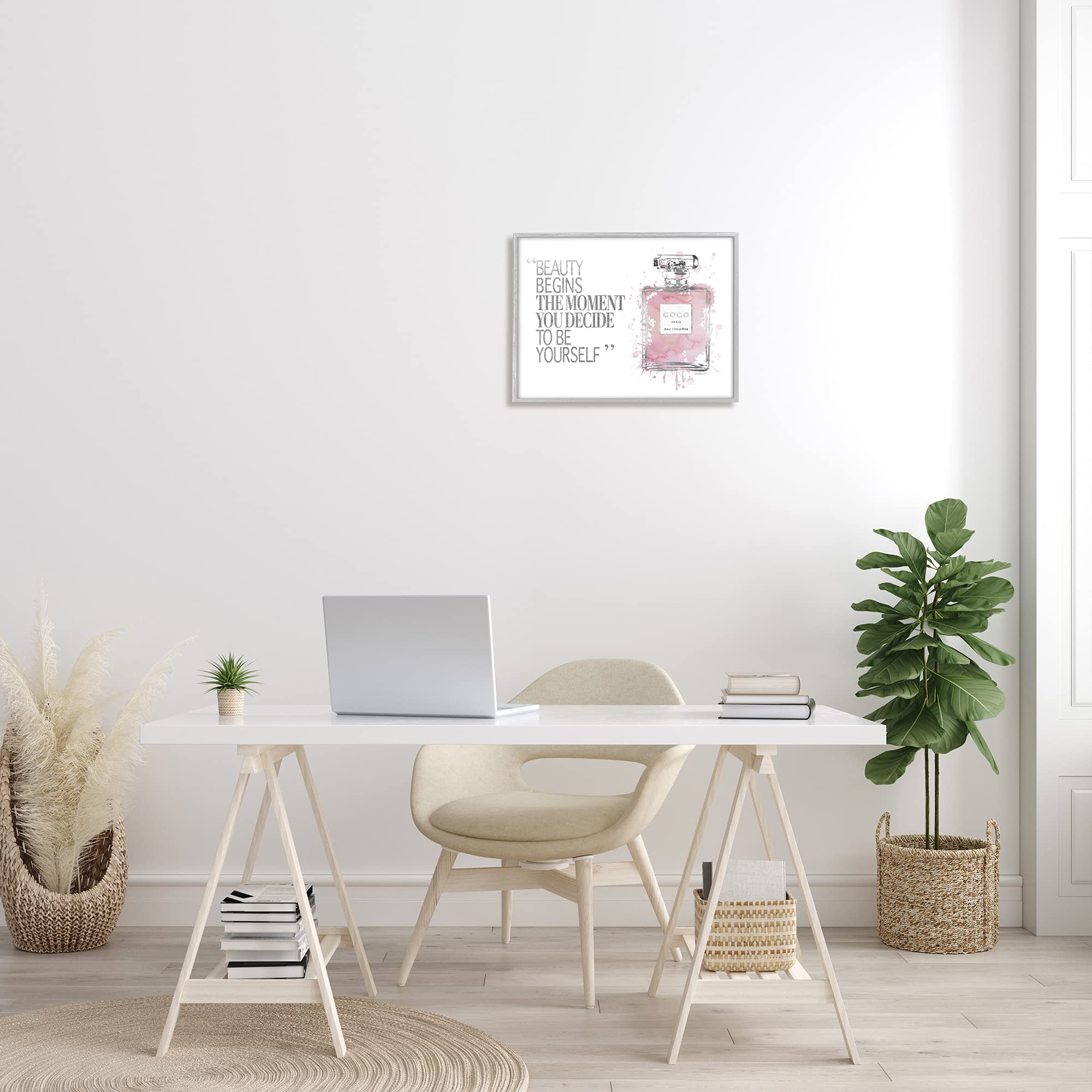 Stupell Industries Beauty Begins Fashion Perfume Grey Framed Wall Art - 16x20 Inches, Designed by Amanda Greenwood - Perfect for Bedroom, Living Room & Office Decor