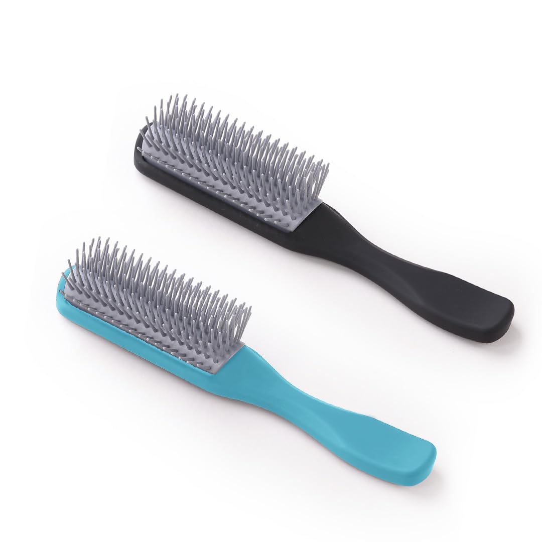 UMAI Flat Hair Brush with Strong & Flexible Bristles - 9-Row Curl Defining Brush for Thick Curly & Wavy Hair - Large Fan-Type Styling Brush for Women & Men (Blue-Black, 2 Pack) - Perfect for Salon Styling & Home Hair Care