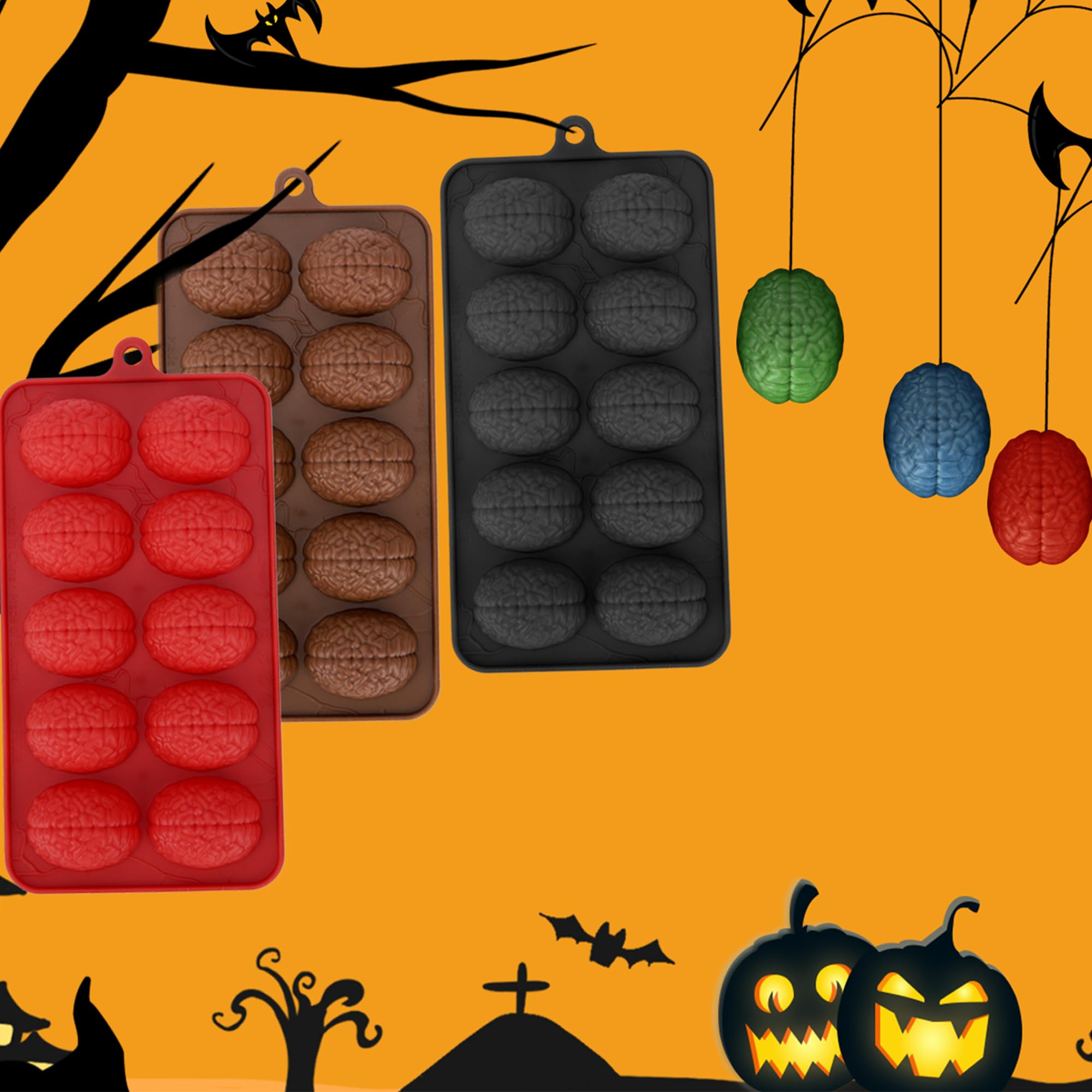 Premium Silicone Brain Chocolate Molds Set of 3 - Small Human Brain Jello Molds for Halloween Baking, Cake Decorating, Cupcake Toppers, Candy Making, Pudding & Jelly Desserts - Perfect for Halloween Parties, Science Themed Events, and Spooky Treats