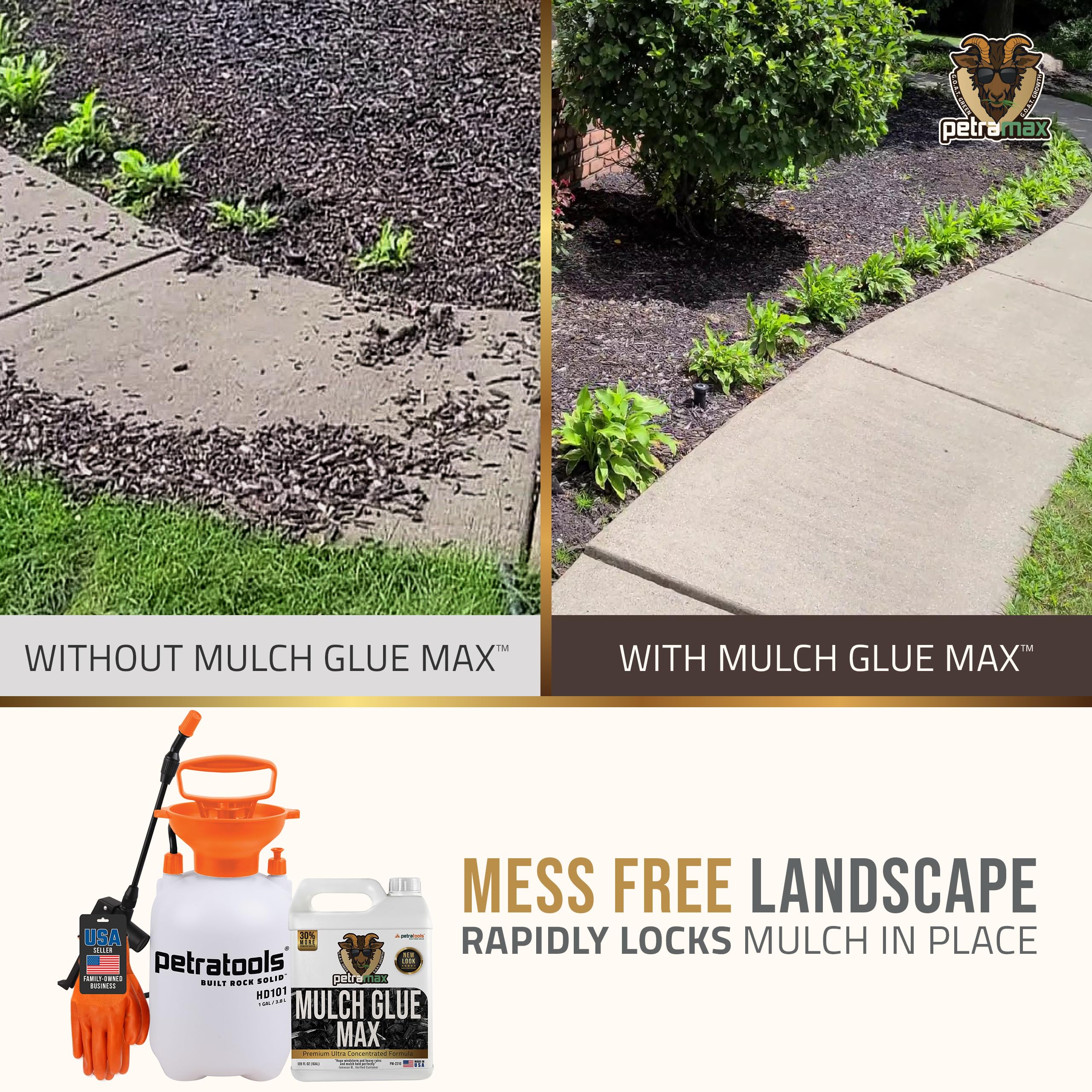 **Sticky Rock & Mulch Glue for Landscaping - 1 Gallon with Sprayer | Strong Adhesive for Gravel, Rocks & Mulch | Perfect for Driveways, Pathways & Garden Beds (Wood Max) - PetraTools HD101 Bundle**