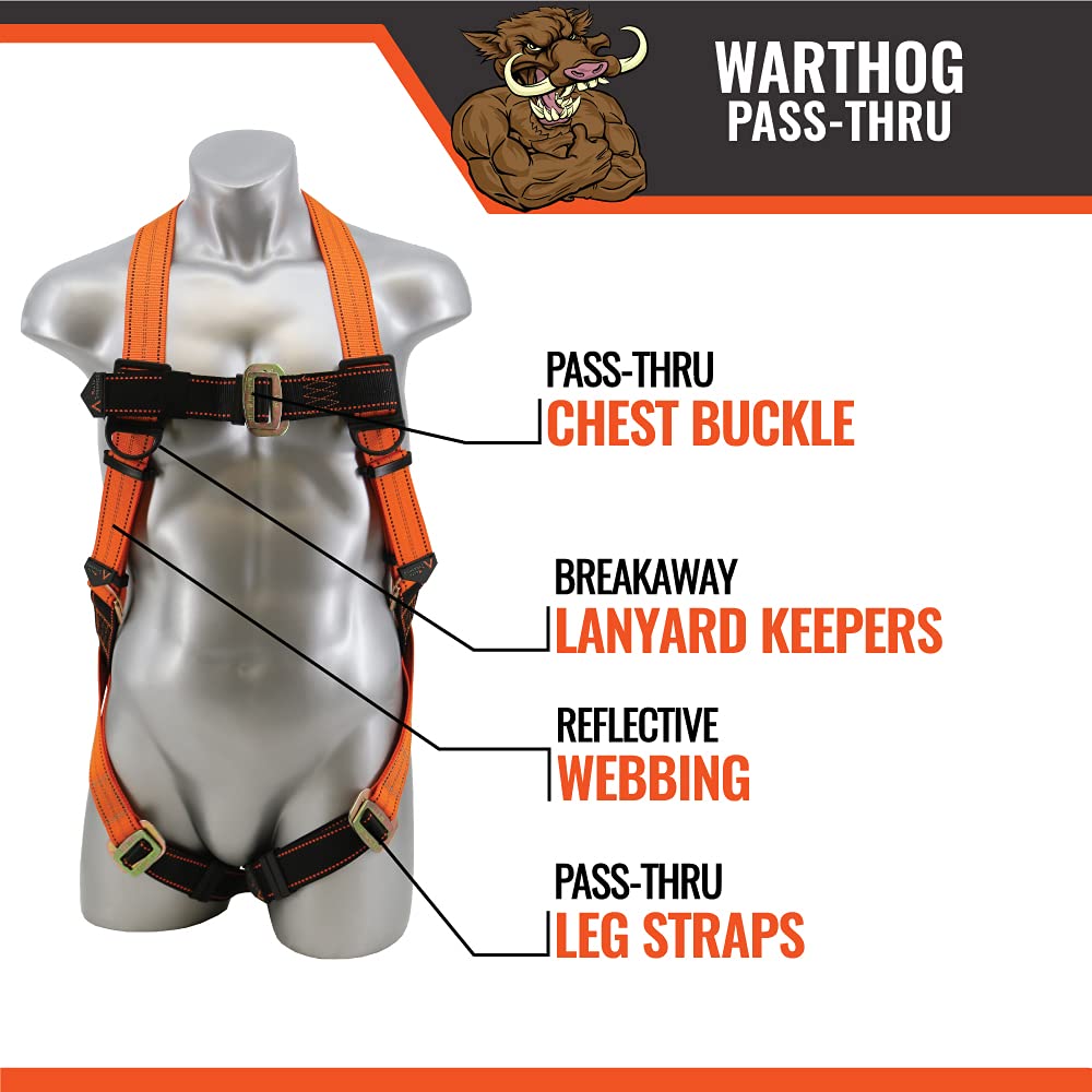 Warthog Pass Through Safety Harness Fall Protection Kit - 6ft Double Leg Shock Absorbing Lanyard with D-Ring Extender - OSHA Compliant for Construction, Roofing & Industrial Work
