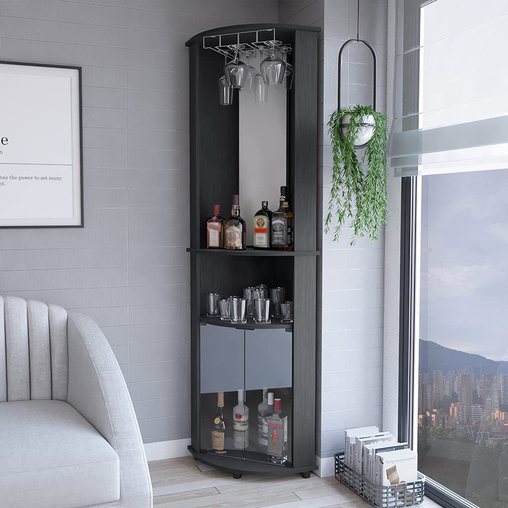 Bar Cabinet Corner Rialto - Modern Black Liquor Storage for Living Room, Dining Room & Home Bar | Space-Saving Corner Design for Wine & Glass Display