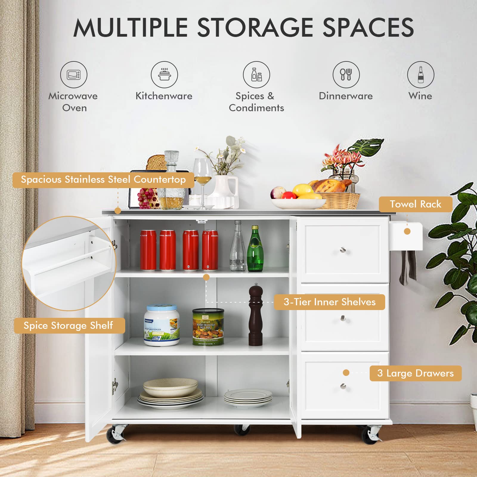 GOFLAME Stainless Steel Kitchen Island Cart with Wheels - Mobile Kitchen Cart with Storage Shelves & Towel Rack - Rolling Kitchen Trolley for Dining Room, Home Kitchen & Restaurant Use (White) - Perfect for Food Prep, Serving & Extra Counter Space