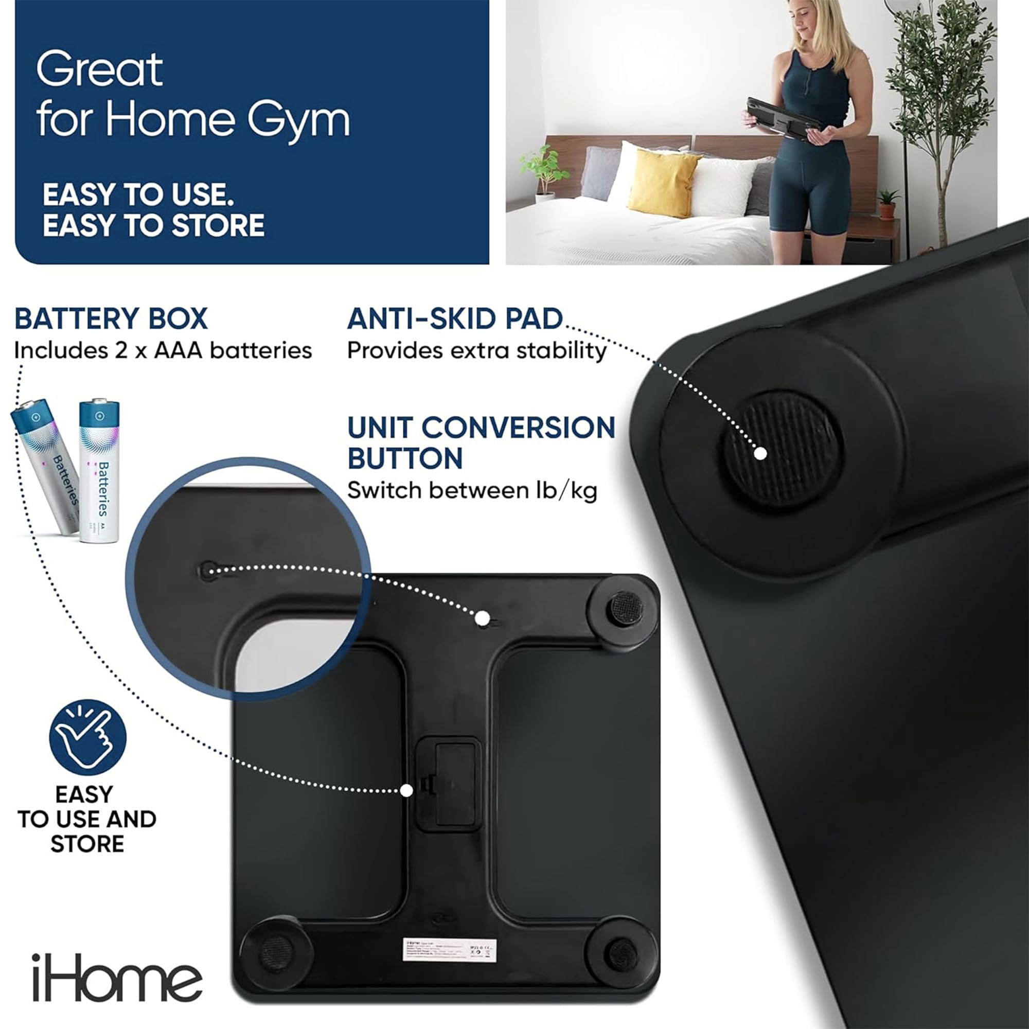 iHome Digital Bathroom Scale with Batteries Included - Accurate Body Weight Measurement in Pounds & Kilograms - Black - Perfect for Home, Gym & Health Tracking
