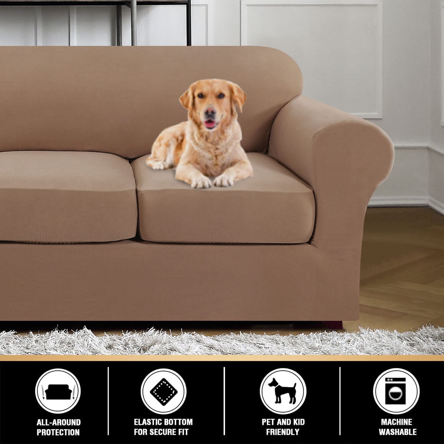 PrinceDeco Stretch 3-Piece Sofa Cover Set - Soft Couch Slipcover for 2-Cushion Couches, Machine Washable, Camel Brown, Medium Size - Perfect for Living Room, Family Room & Home Decor Protection