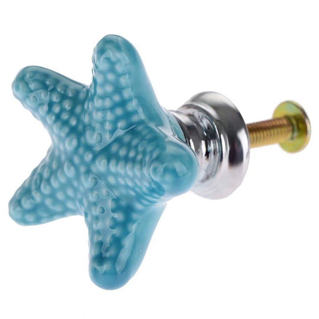 Blue Starfish Ceramic Drawer Knobs - 6 Pack Beach Themed Cabinet Handles for Nursery, Dresser, Cupboard, Wardrobe & Kitchen - Perfect for Coastal Decor & Ocean Inspired Interiors