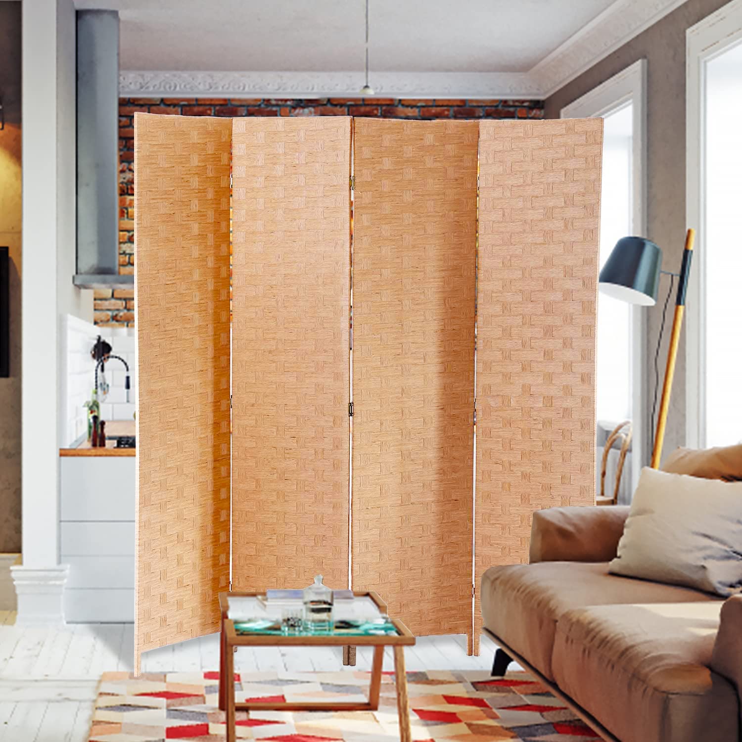 4 Panel Wooden Room Divider Privacy Screen - 72 Inch Folding Partition with Rattan Woven Design - Handcrafted Portable Wall Divider for Office, Patio, Bedroom, and Living Room - Natural Finish for Home & Commercial Spaces