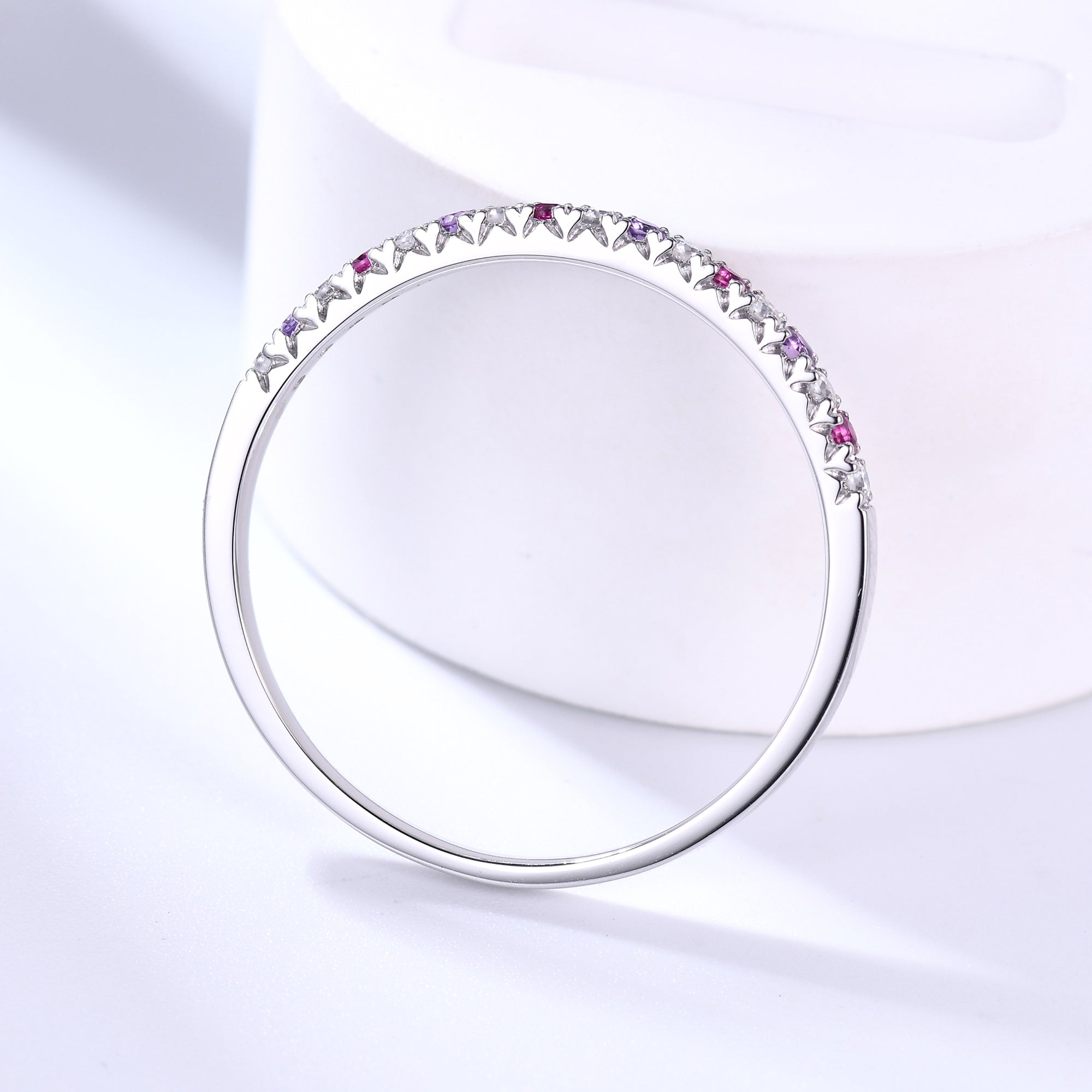 Multi Gemstone Wedding Band - Half Eternity Moissanite, Amethyst & Ruby Stacking Ring for Women | Perfect for Bridal Sets, Anniversary Gifts & Family Jewelry Collections