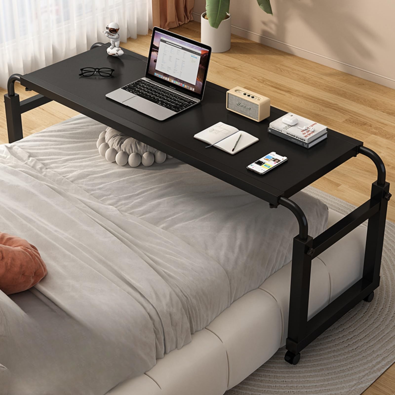 Adjustable Overbed Table with Wheels - Portable Laptop Desk for Bed, Sofa & Office Use - Height Adjustable Rolling Computer Table for Work, Eating & Reading in Bed