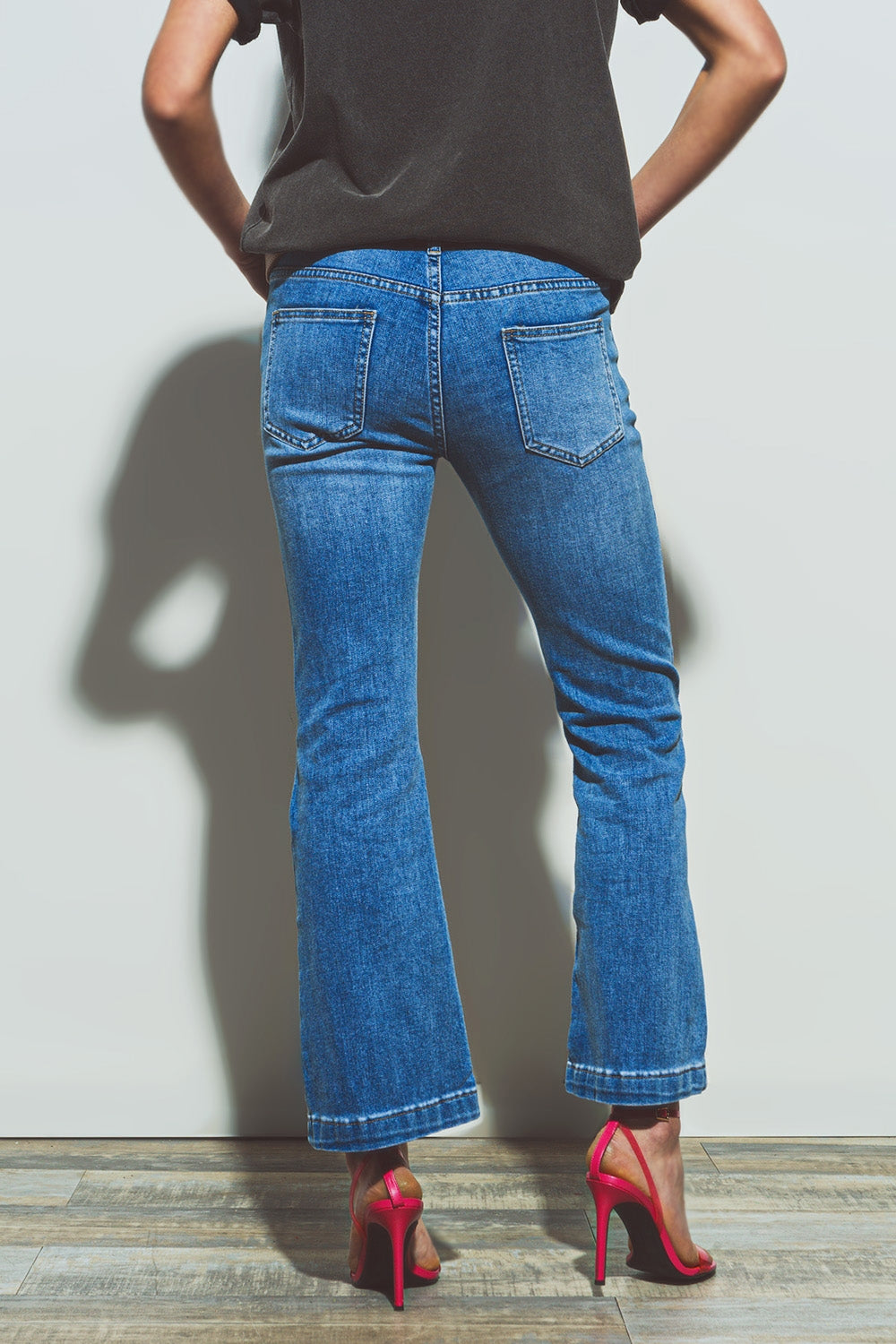 Double Button High Waist Blue Denim Flared Jeans for Women - Casual & Chic Outfit for Everyday Wear, Date Night, and Office Style