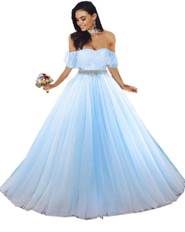Elegant Baby Blue Tulle Quinceanera Dress with Lace Off-Shoulder Design - Perfect for Sweet 16, Birthday Parties & Formal Dances