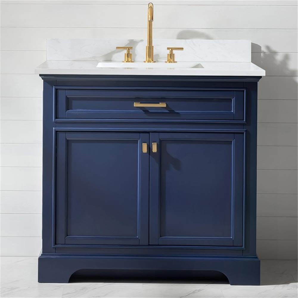 Design Element ML-36-BLU Milano 36 Inch Single Sink Blue Bathroom Vanity with Quartz Countertop - Modern Bathroom Furniture for Small Spaces, Powder Rooms & Guest Baths