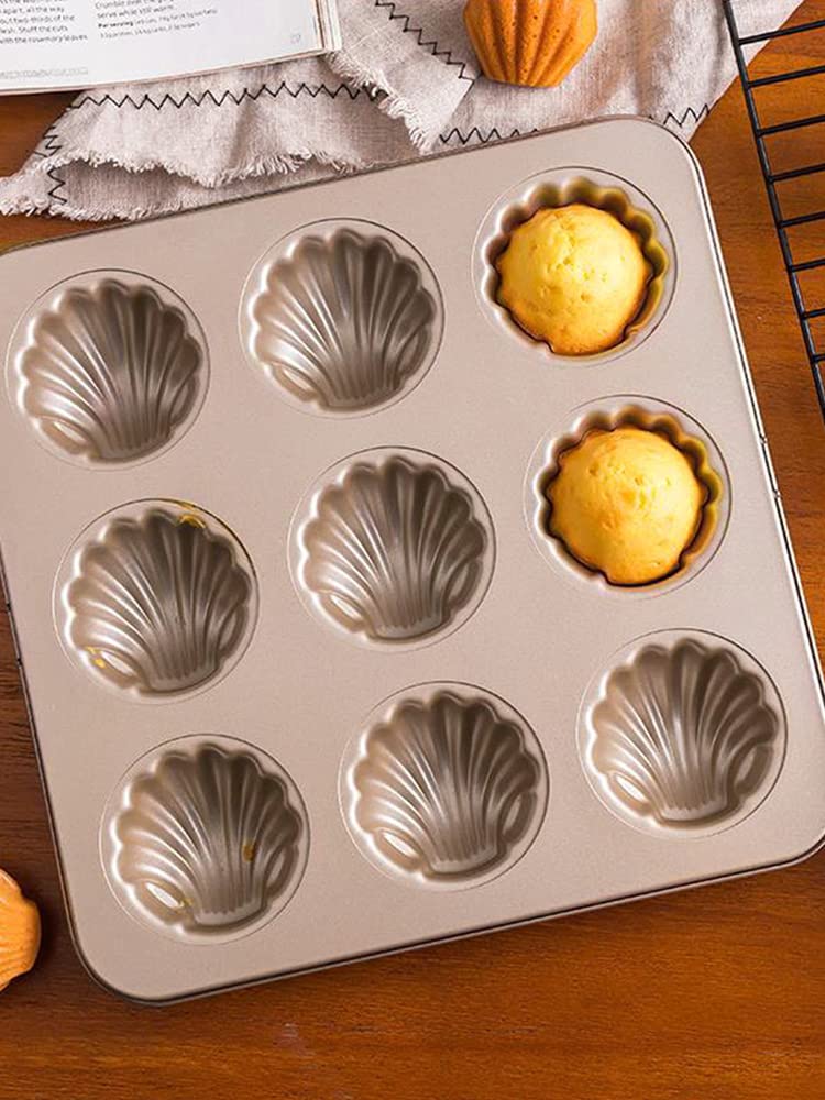Premium 6/9/12-Cavity Non-Stick Madeleine Cake Pan - Food Grade Carbon Steel Shell-Shaped Baking Mold for Cookies, Cakes & Chocolates - Perfect for Home Baking, Tea Parties & Gift Giving (9-Cup)