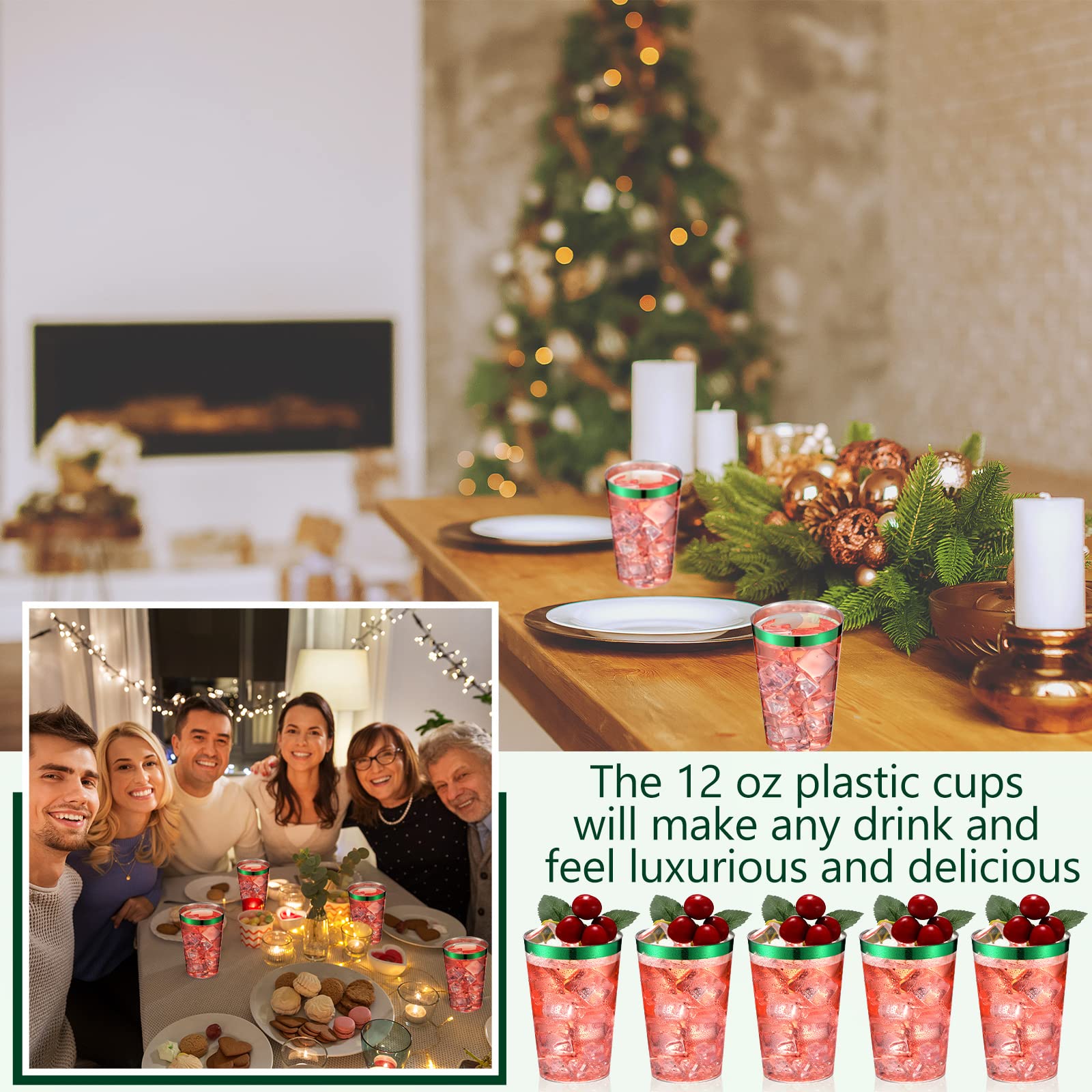 100 Pack 12 oz Clear Plastic Disposable Cups with Rim - Elegant Tumblers for Wine, Coffee & Cocktails - Perfect for Birthday, Wedding & Party Events (Green) - Durable & Stylish Drinkware for Home, Office & Outdoor Gatherings