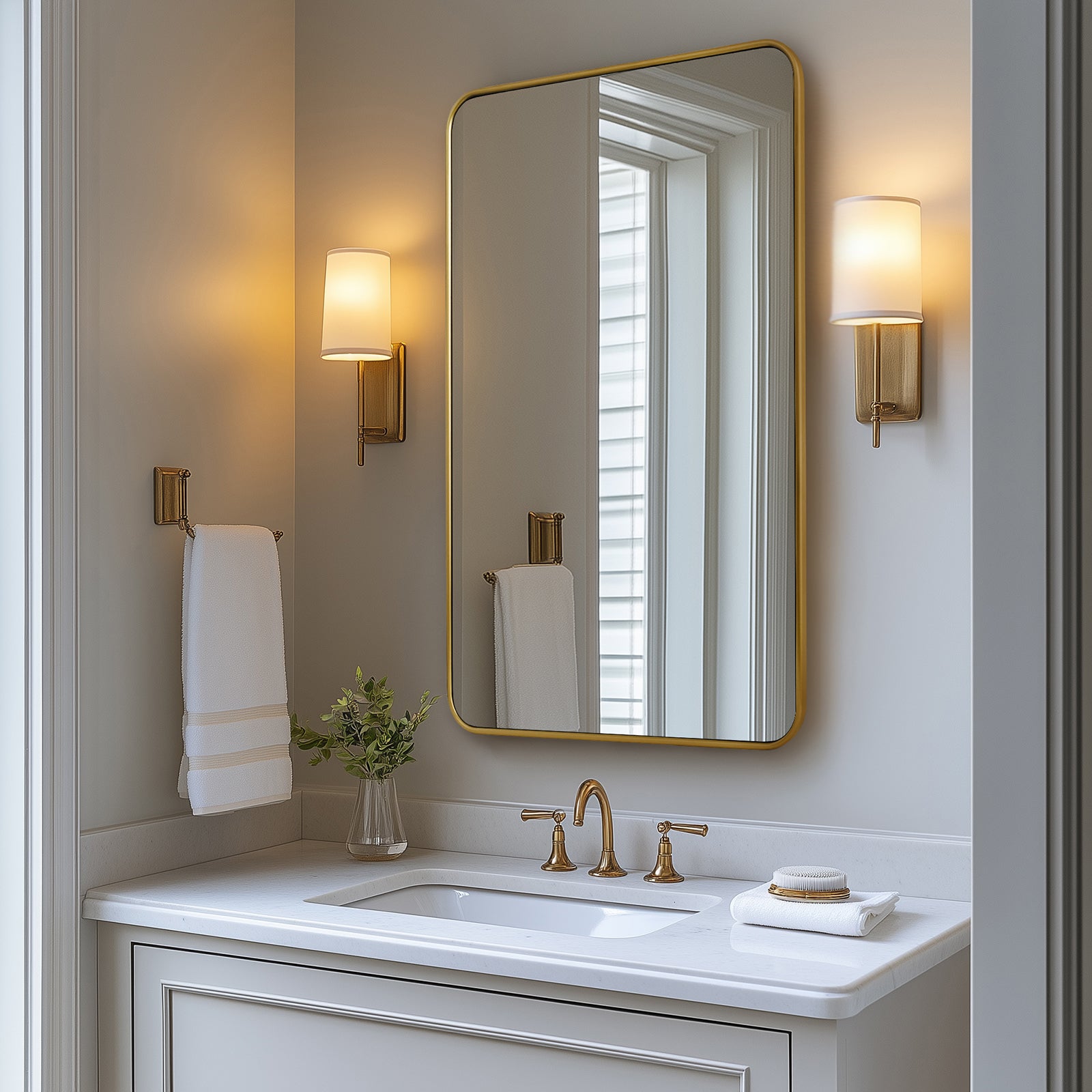 Modern Rounded Rectangular Bathroom Mirror with Stainless Steel U-Tube Frame - Perfect for Vanity, Powder Room & Contemporary Bathroom Decor
