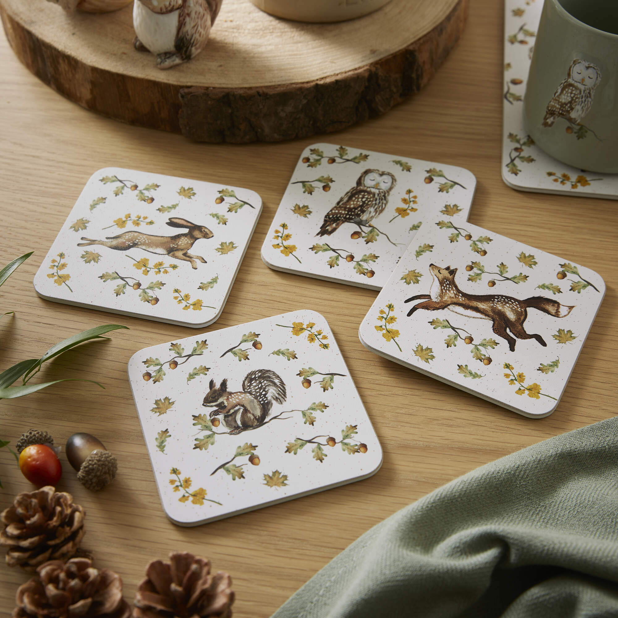 Forest Fable Set of 4 Absorbent Coasters - Waterproof Cork Backing for Coffee Tables, Dining Tables & Home Decor