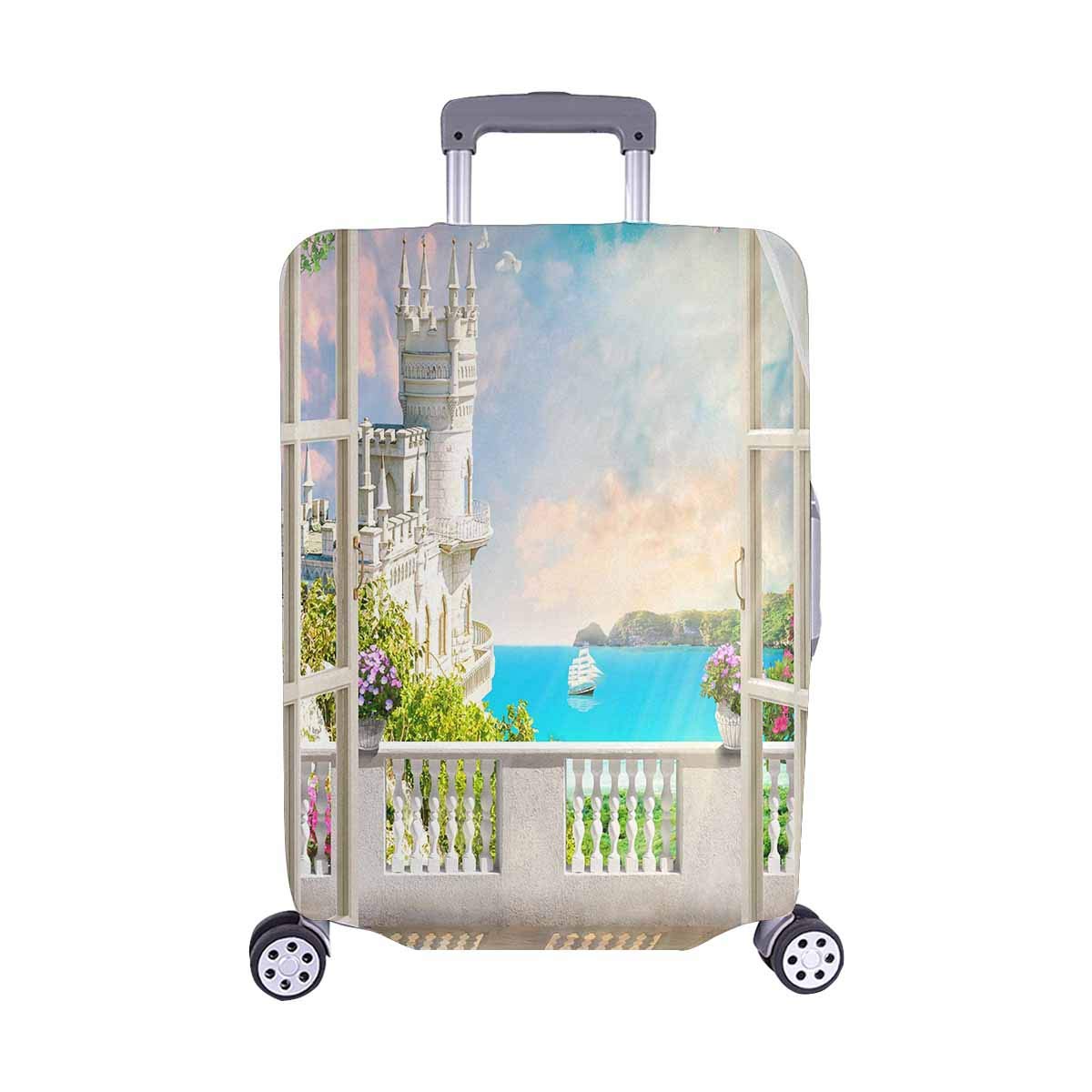 InterestPrint Waterproof Luggage Cover with Mural Castle, Sailboat & Floral Design - Fits 22-25 Inch Suitcases - Perfect for Travel, Vacation & Airplane Protection
