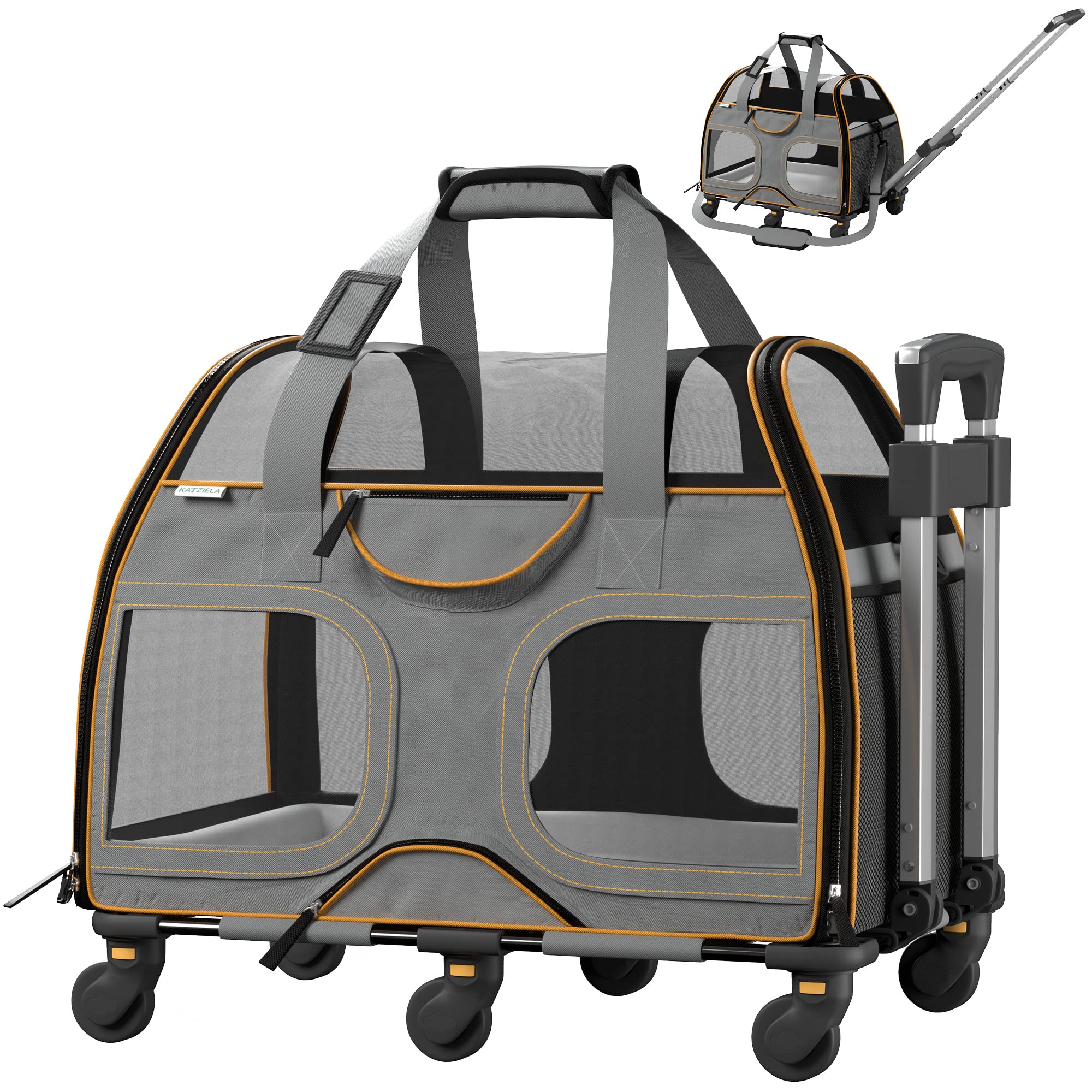 Katziela Airline Approved Rolling Pet Carrier with Removable Wheels - TSA Compliant Travel Bag for Small Dogs & Cats - Soft-Sided Underseat Airplane Pet Carrier for Stress-Free Travel | Perfect for Flights, Road Trips & Vet Visits