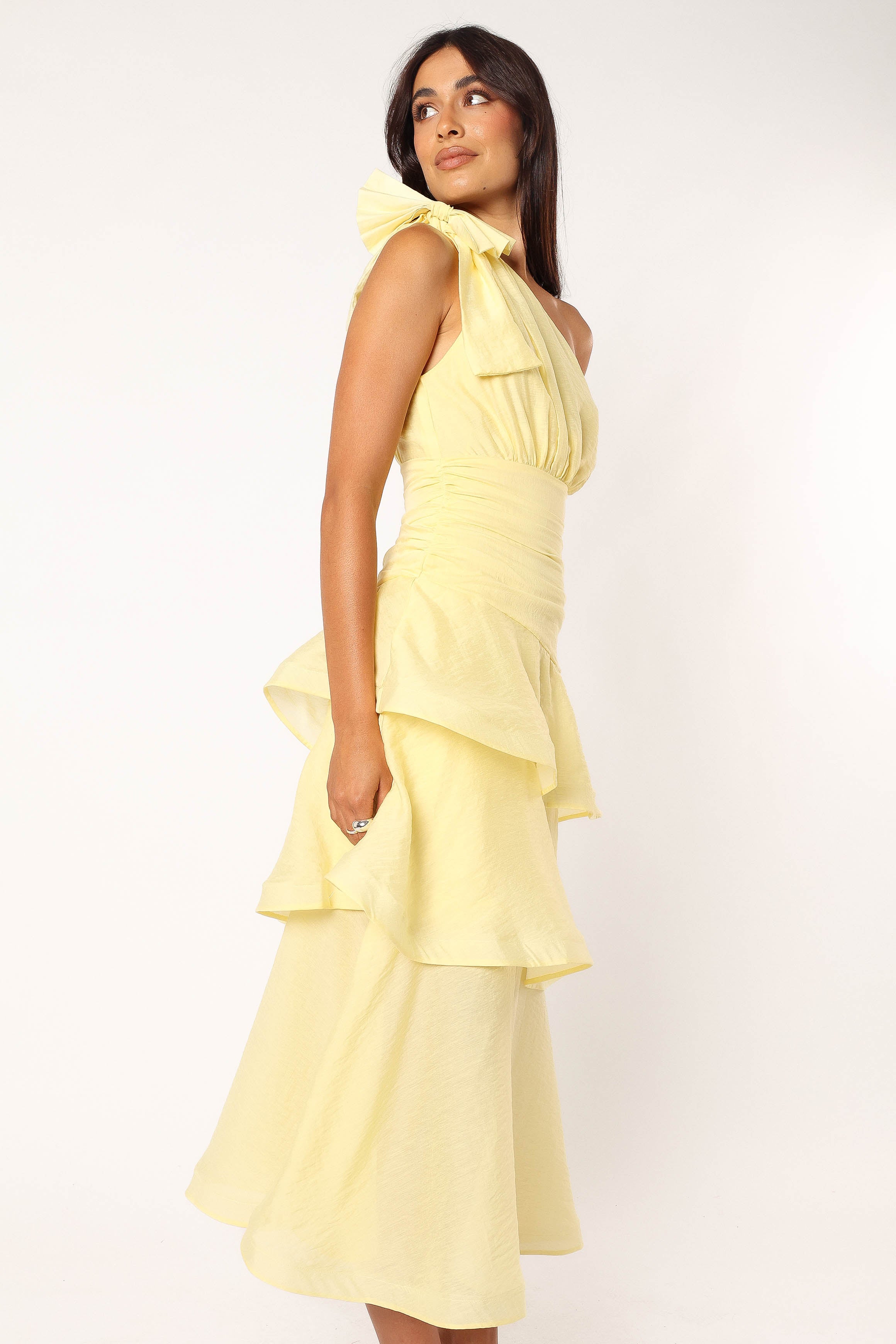 Bryson One Shoulder Midi Dress in Yellow | Elegant Women's Party & Cocktail Dress for Evening Events & Special Occasions