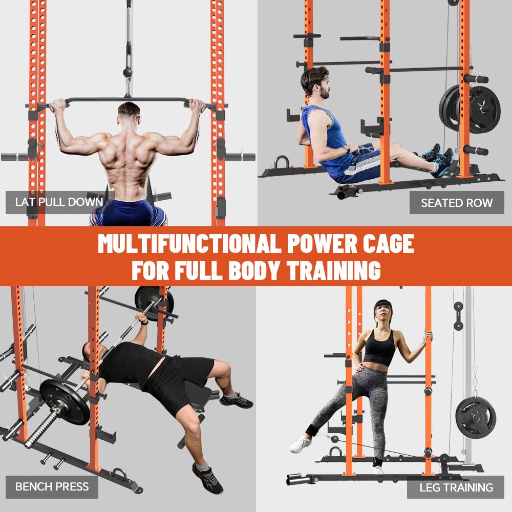 **Power Cage - Multi-Functional Power Rack with LAT Pulldown Cable System & Full Body Workout Attachments | Squat Rack with Optional Lever Arm, Belt Squat & Weight Plates Combo for Home Gym | Perfect for Strength Training, CrossFit & Home Fitness**
