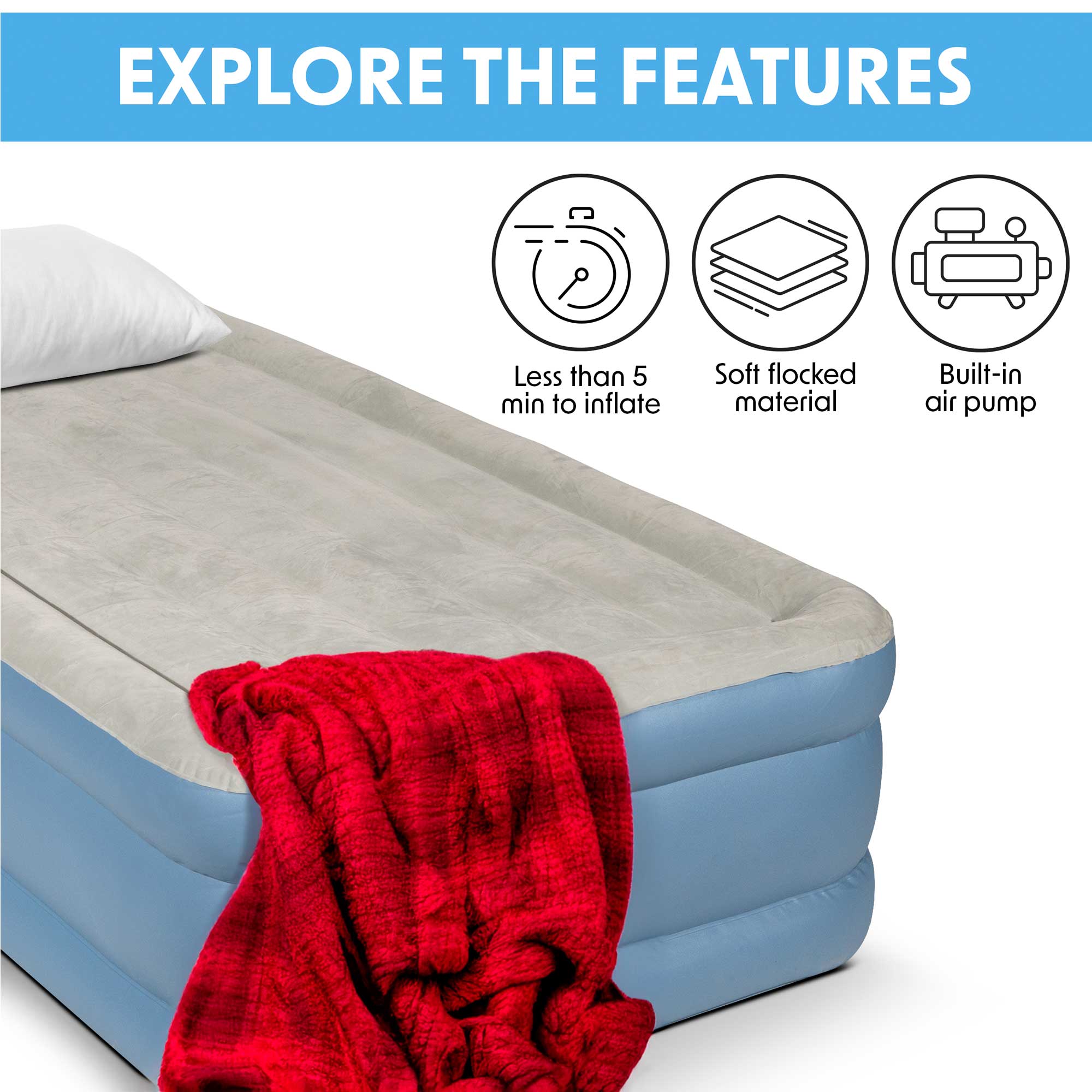 Inflatable Air Mattress with Built-in Electric Pump - Single High Raised Air Bed for Camping & Guest Use, Includes Carry Bag (Model DL146) - Perfect for Outdoor Adventures & Home Sleepovers