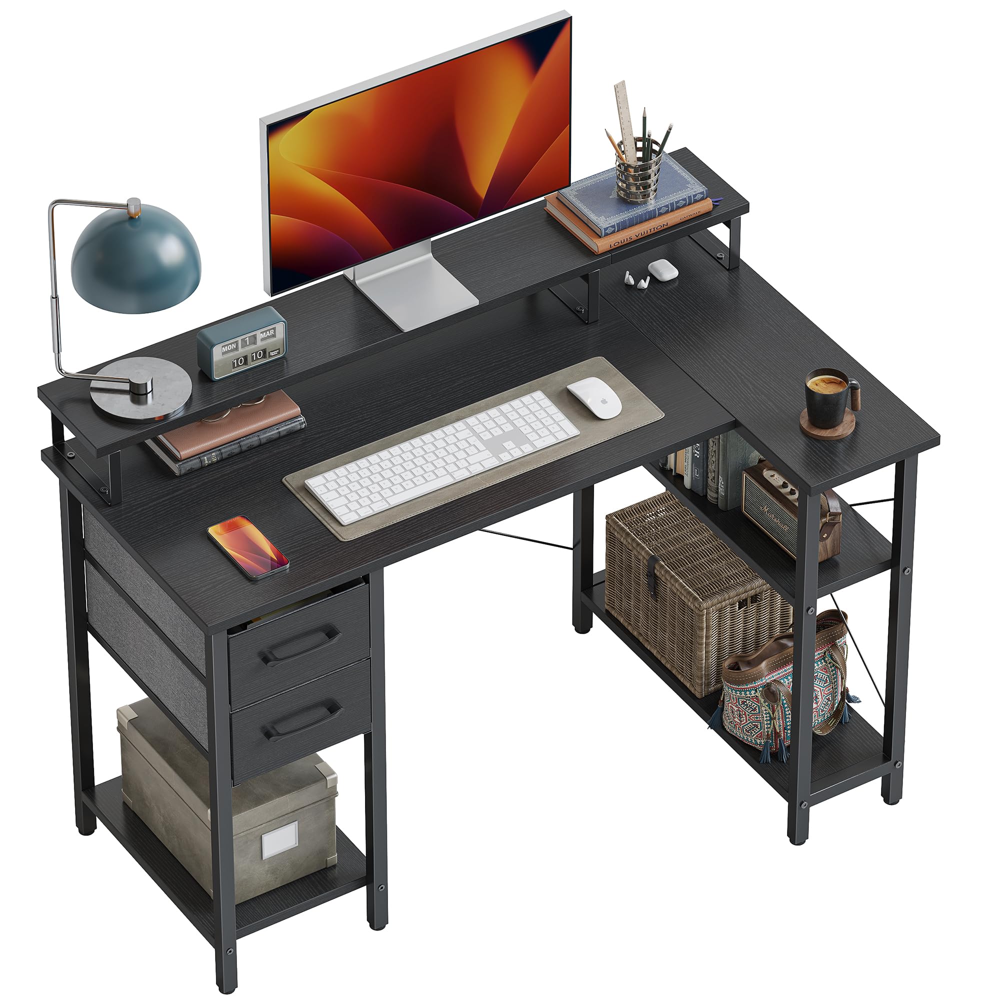 CubiCubi 47 Inch L-Shaped Computer Desk with Monitor Stand, Shelves & Storage Drawer - Black Corner Home Office Desk for Small Spaces, Gaming & Study Workstation