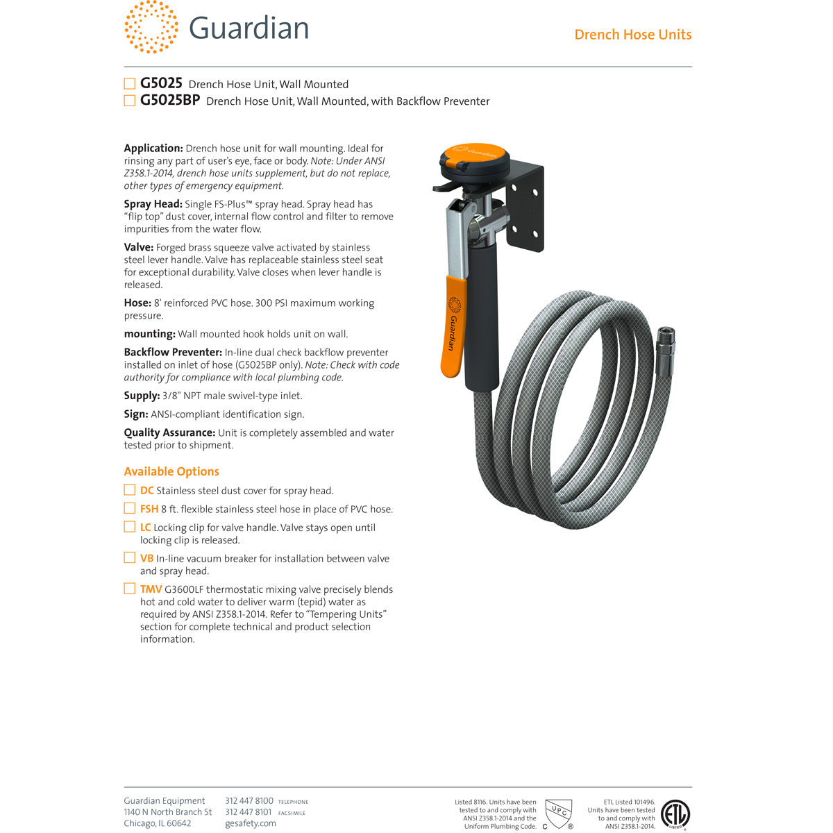 Guardian G5025 Wall Mounted Emergency Eyewash Station - ANSI Compliant Single Head Eye Wash & Drench Hose Unit for Laboratories, Factories, and Industrial Safety
