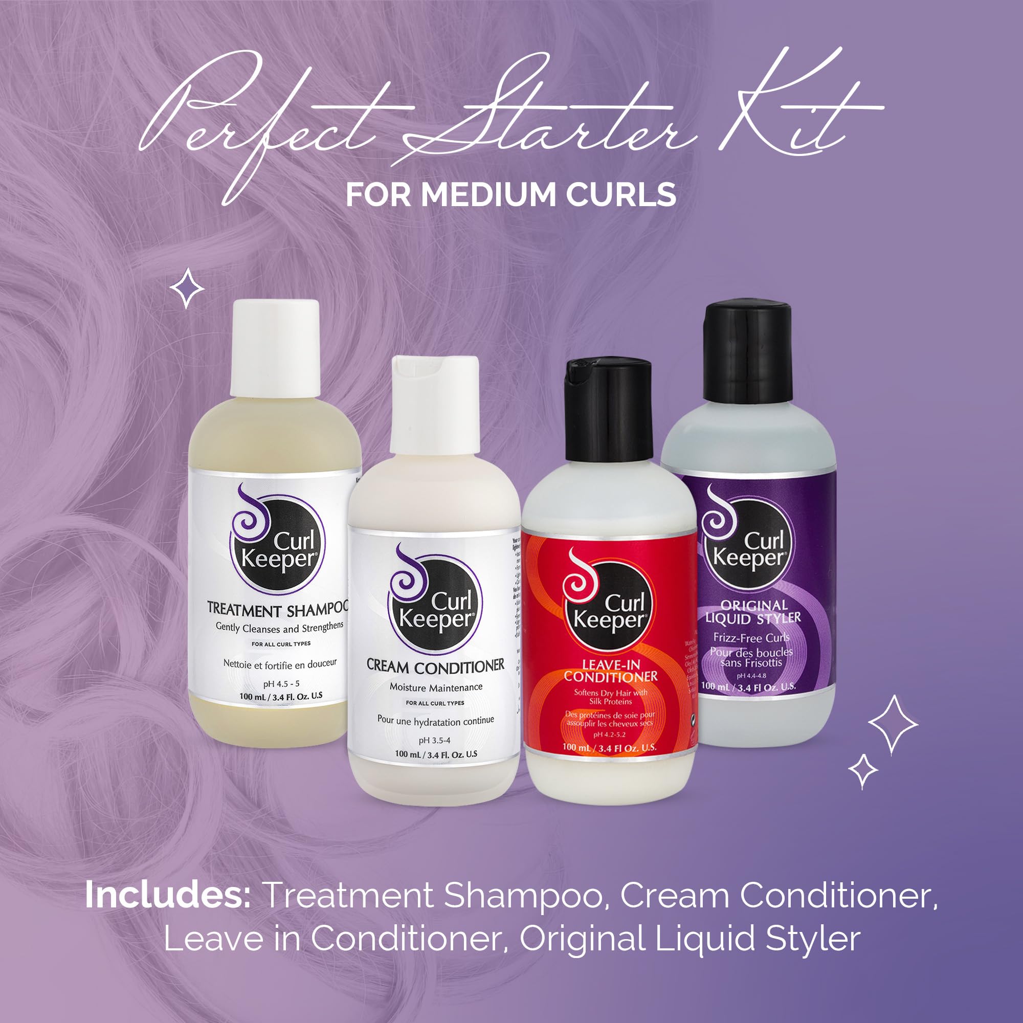 Curl Keeper Medium Curl Starter Kit for Curly Hair - Travel Size Set with Original Liquid Styler, Treatment Shampoo, Cream Conditioner & Leave-In Conditioner - Maximum Definition, Shine & Moisture - Perfect for Travel, Daily Curly Hair Care & Styling