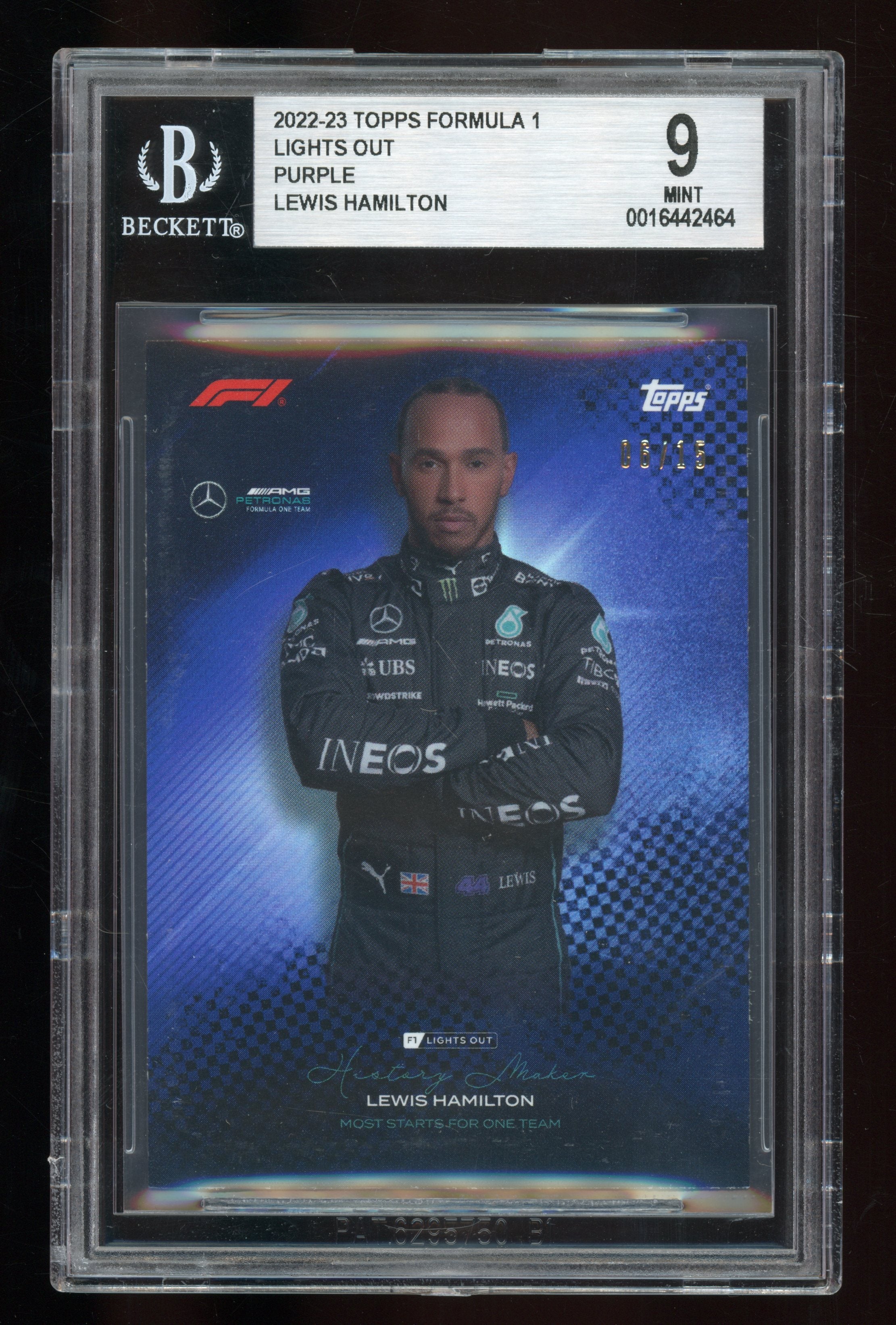 BSG 9/15 Lewis Hamilton History Maker Purple 2022 Topps Lights Out F1 Trading Card - Perfect for F1 Collectors and Motorsport Memorabilia Enthusiasts