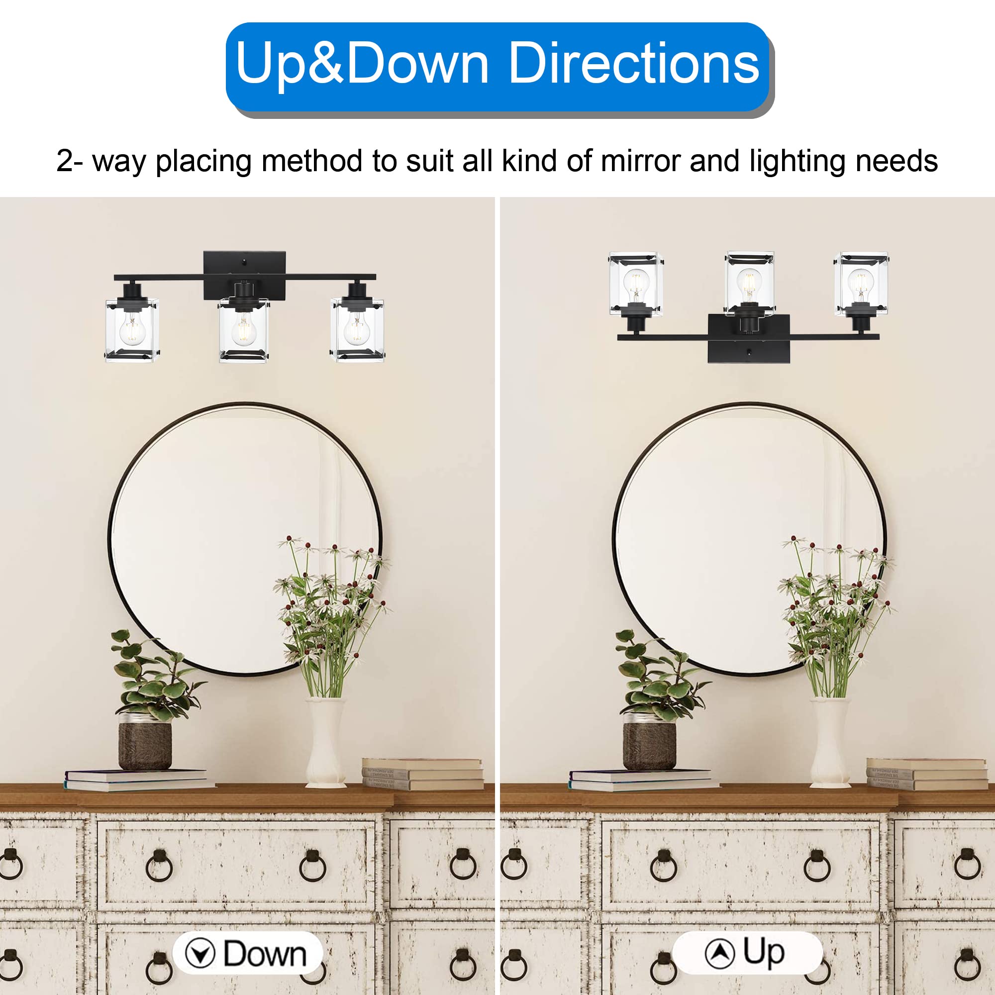 MELUCEE 3-Light Modern Black Bathroom Vanity Lighting Fixture with Clear Rectangular Glass - Wall Mount Mirror Lights for Bathroom, Powder Room & Bedroom - Perfect for Makeup, Shaving & Ambient Lighting